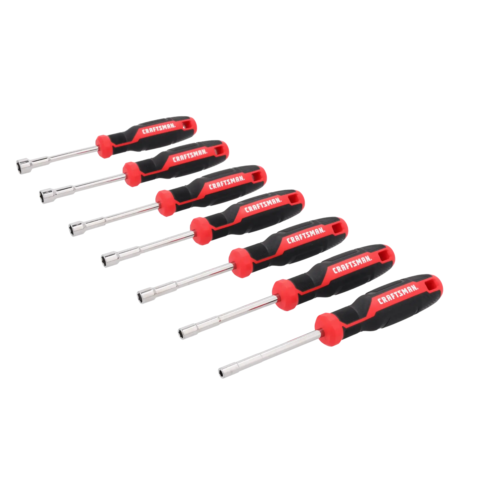 A set of seven Craftsman nut drivers with black and red handles, arranged in a diagonal row on a white background.