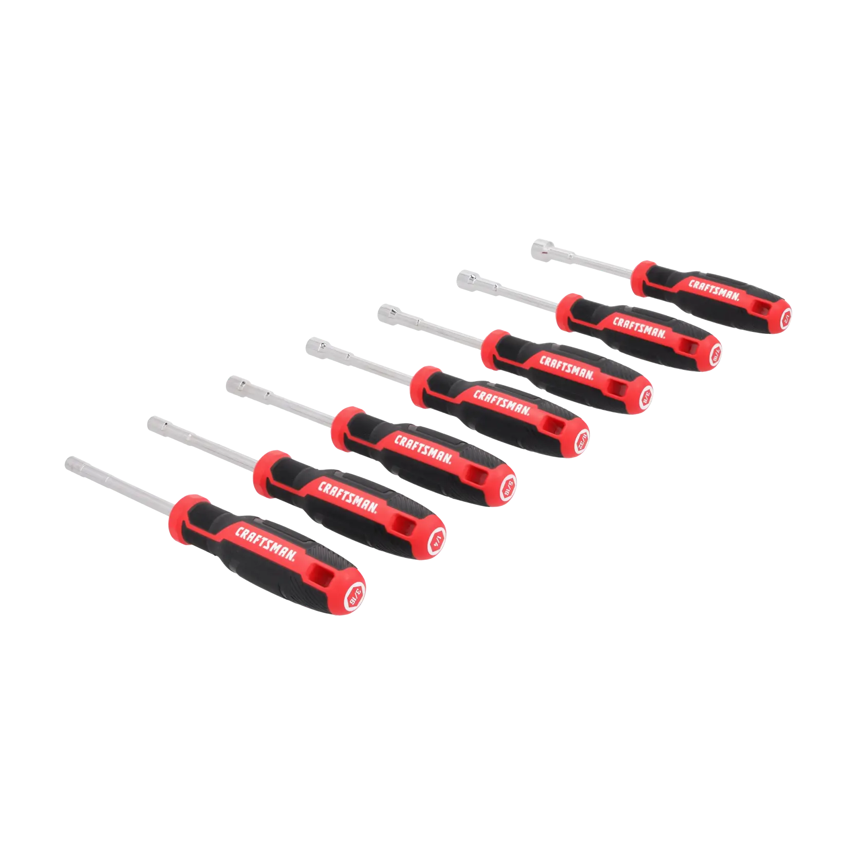 A set of seven Craftsman nut drivers with black and red handles arranged in a diagonal row, each tool featuring a metal shaft and branded text on the handle.