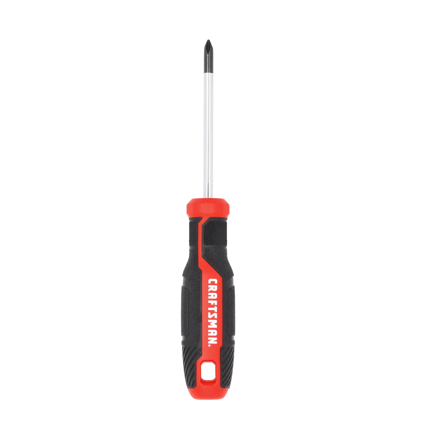 A Phillips head screwdriver with a black and red handle, featuring the word 'CRAFTSMAN' printed on the grip.