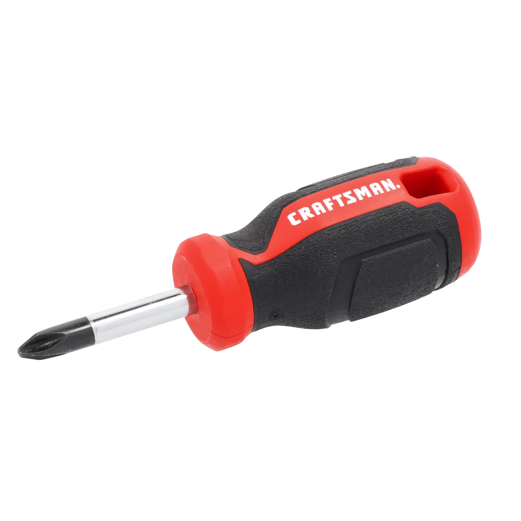 A Craftsman brand stubby Phillips head screwdriver with a black and red ergonomic handle.