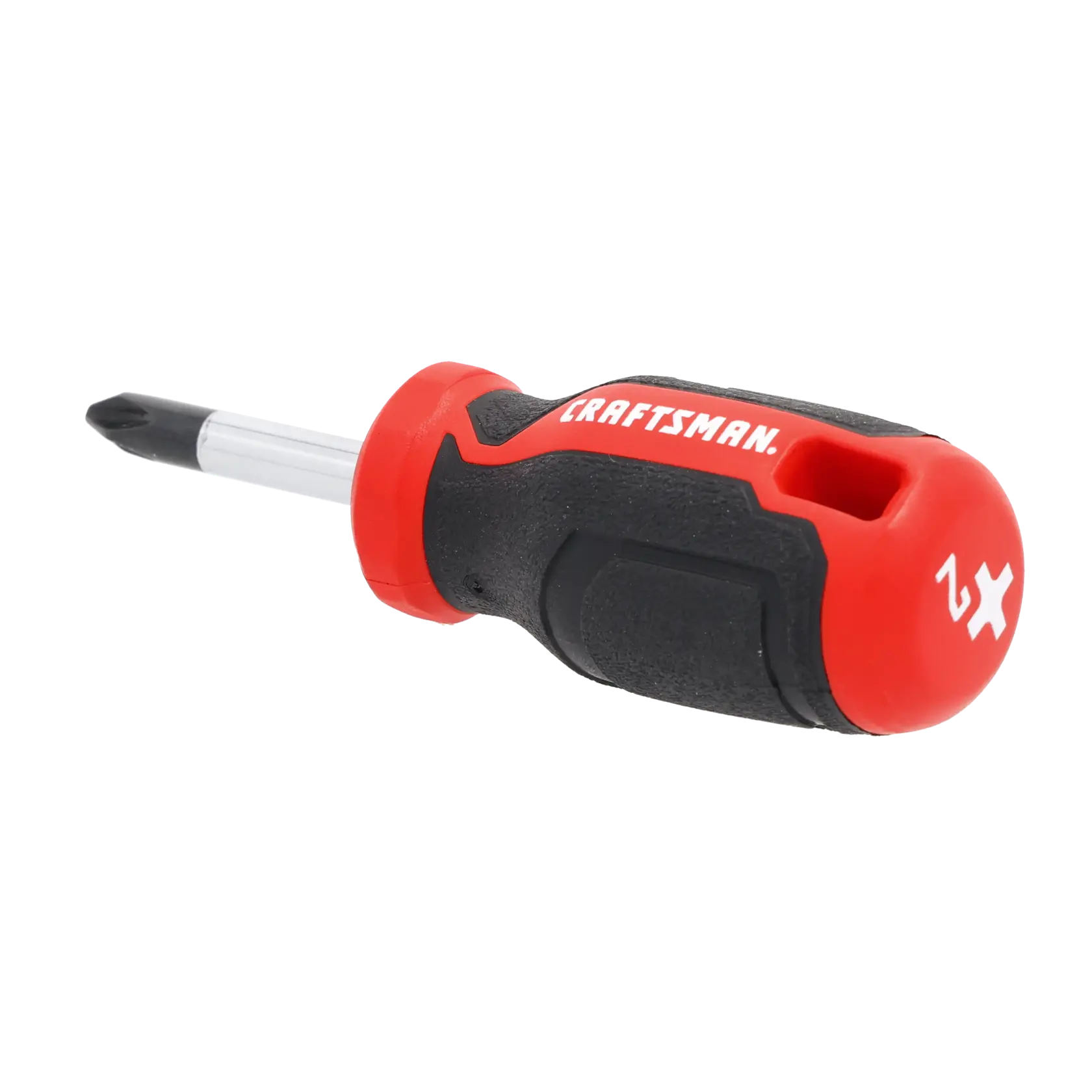 A stubby Phillips head screwdriver with a red and black handle labeled 'Craftsman' and the size marking '2' on the end.