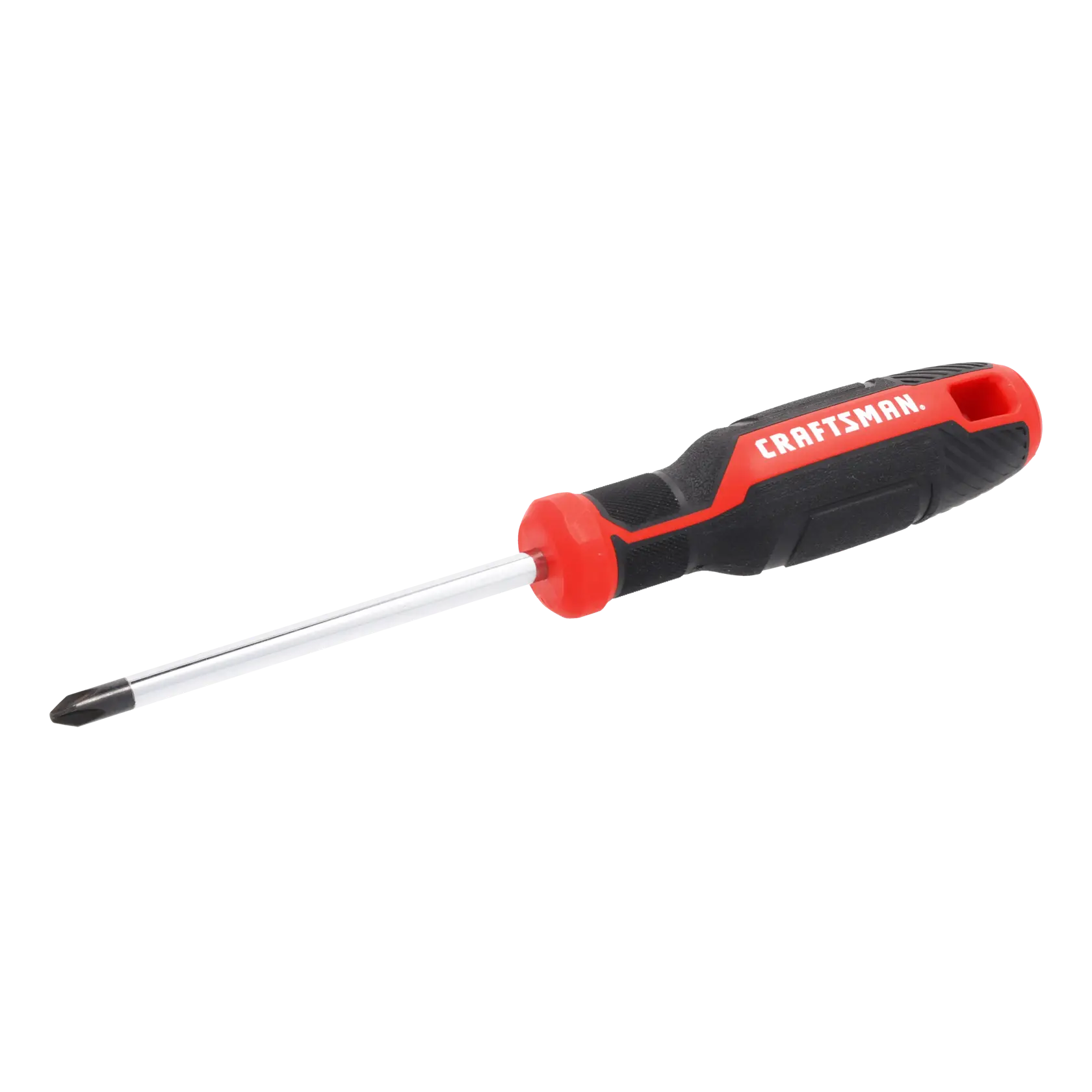 A Phillips head screwdriver with a black and red handle, featuring the brand name 'Craftsman' printed on the grip.