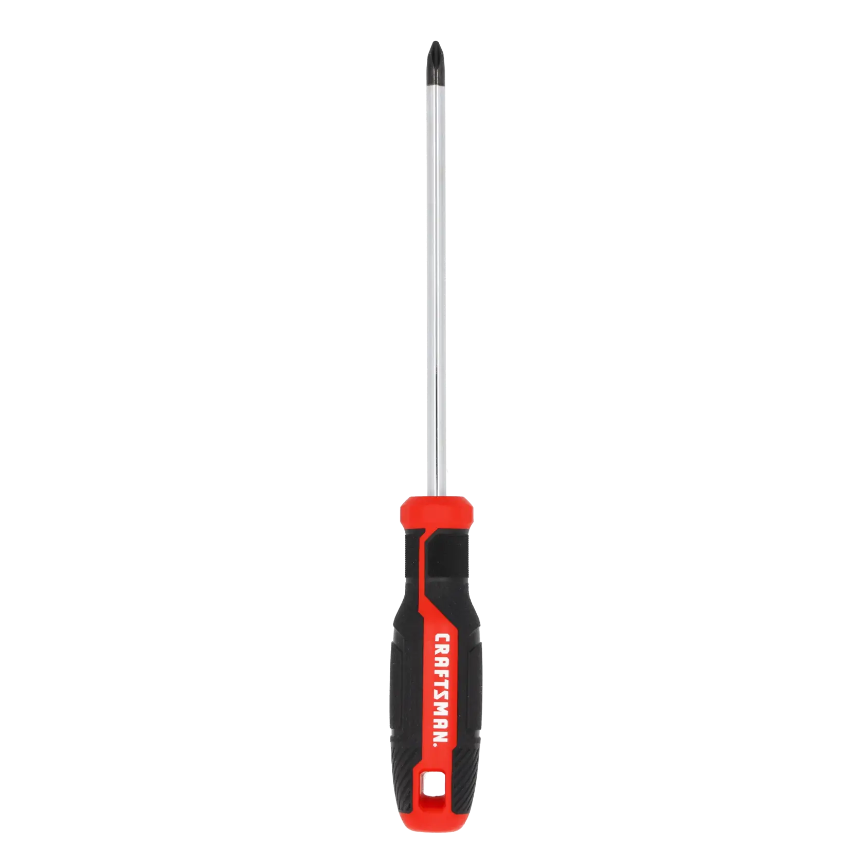 A Phillips head screwdriver with a black and red handle, displayed vertically on a white background.