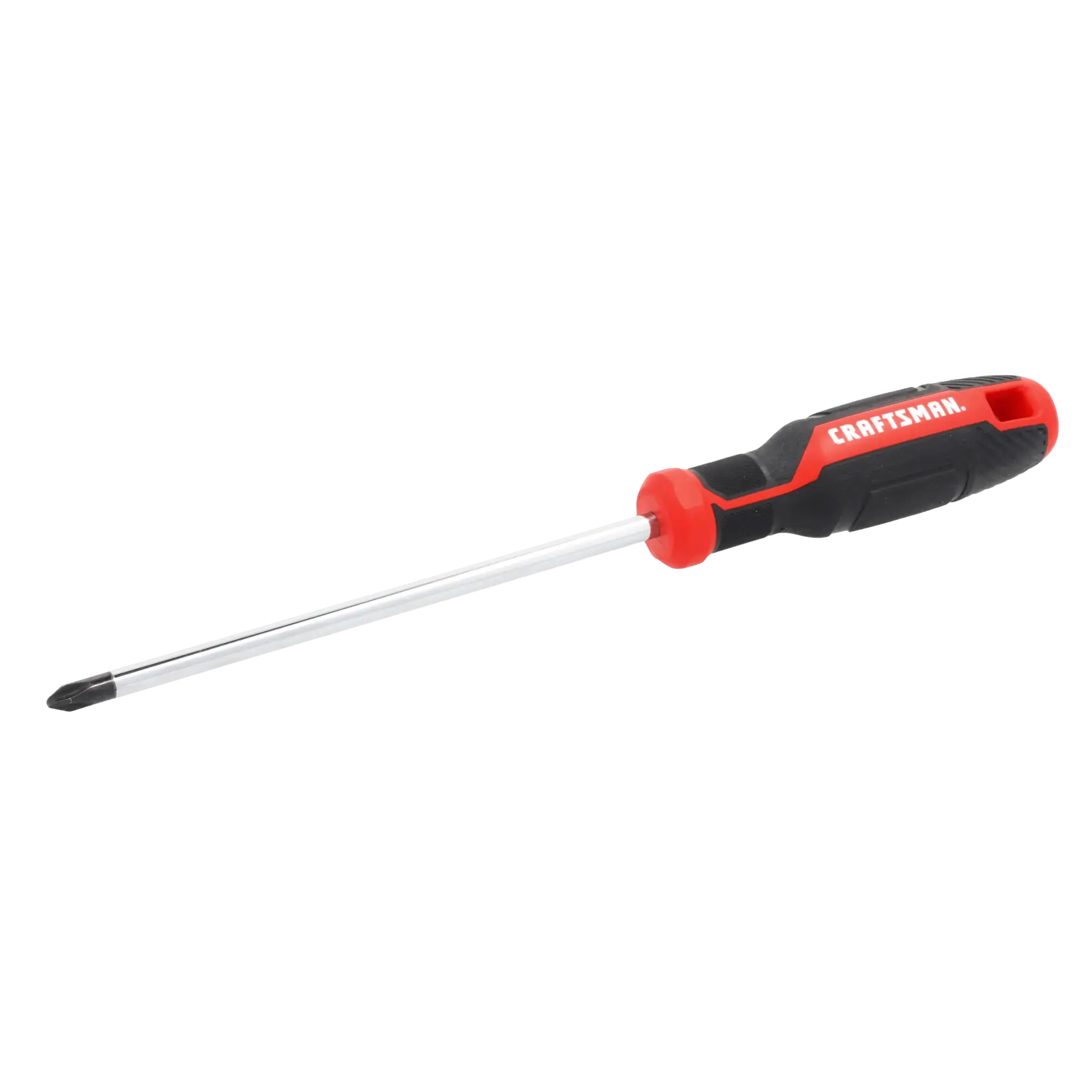 A Phillips head screwdriver with a black and red ergonomic handle, featuring the 'CRAFTSMAN' logo. The shaft is silver and the tip is black. The screwdriver is shown on a plain white background.