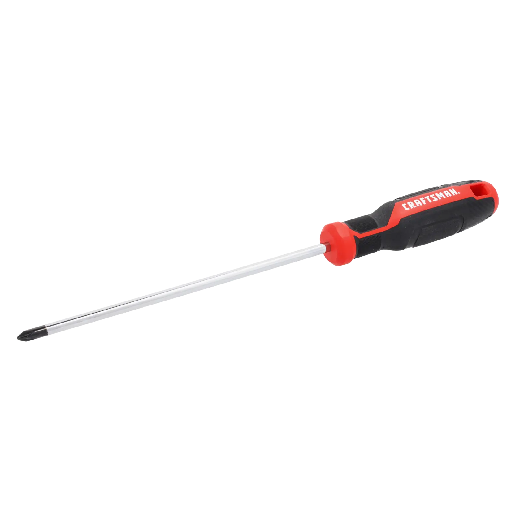 A long Phillips-head screwdriver with a black and red handle, featuring the brand name 'CRAFTSMAN'.