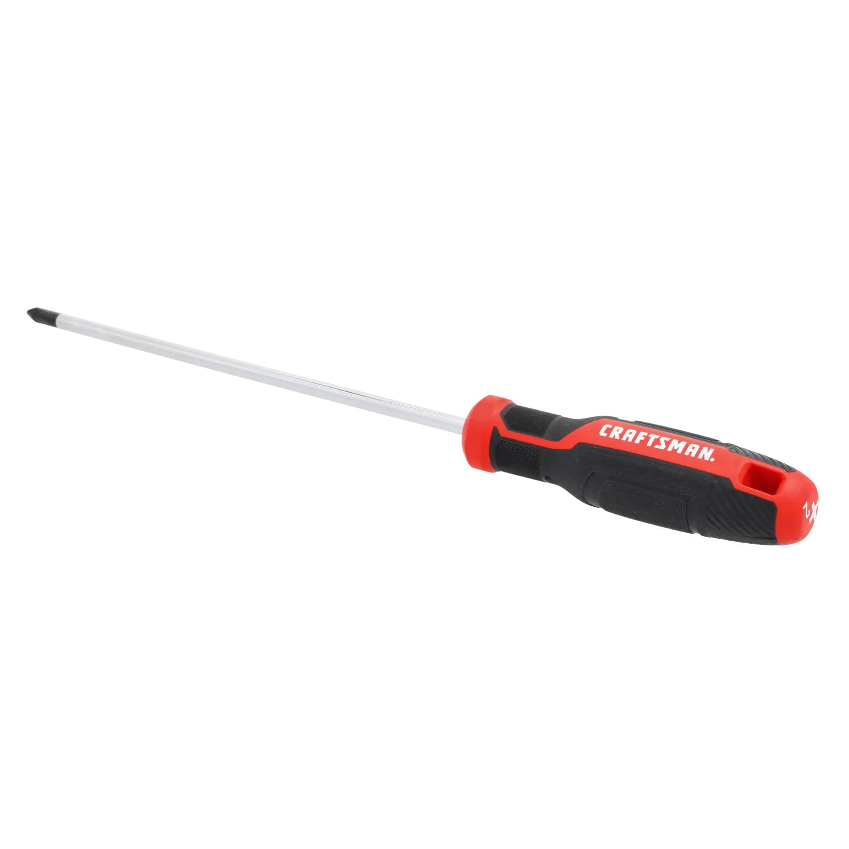 A Phillips head screwdriver with a long metal shaft and a black and red handle labeled 'CRAFTSMAN.'
