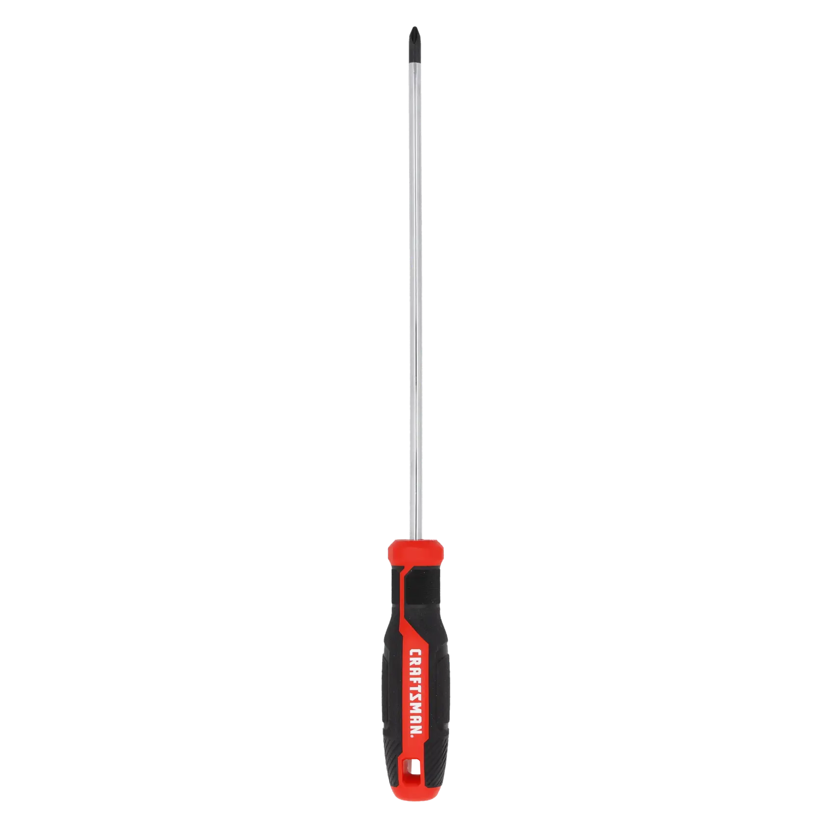 A long Phillips head screwdriver with a black and red handle labeled 'CRAFTSMAN', positioned vertically on a white background.