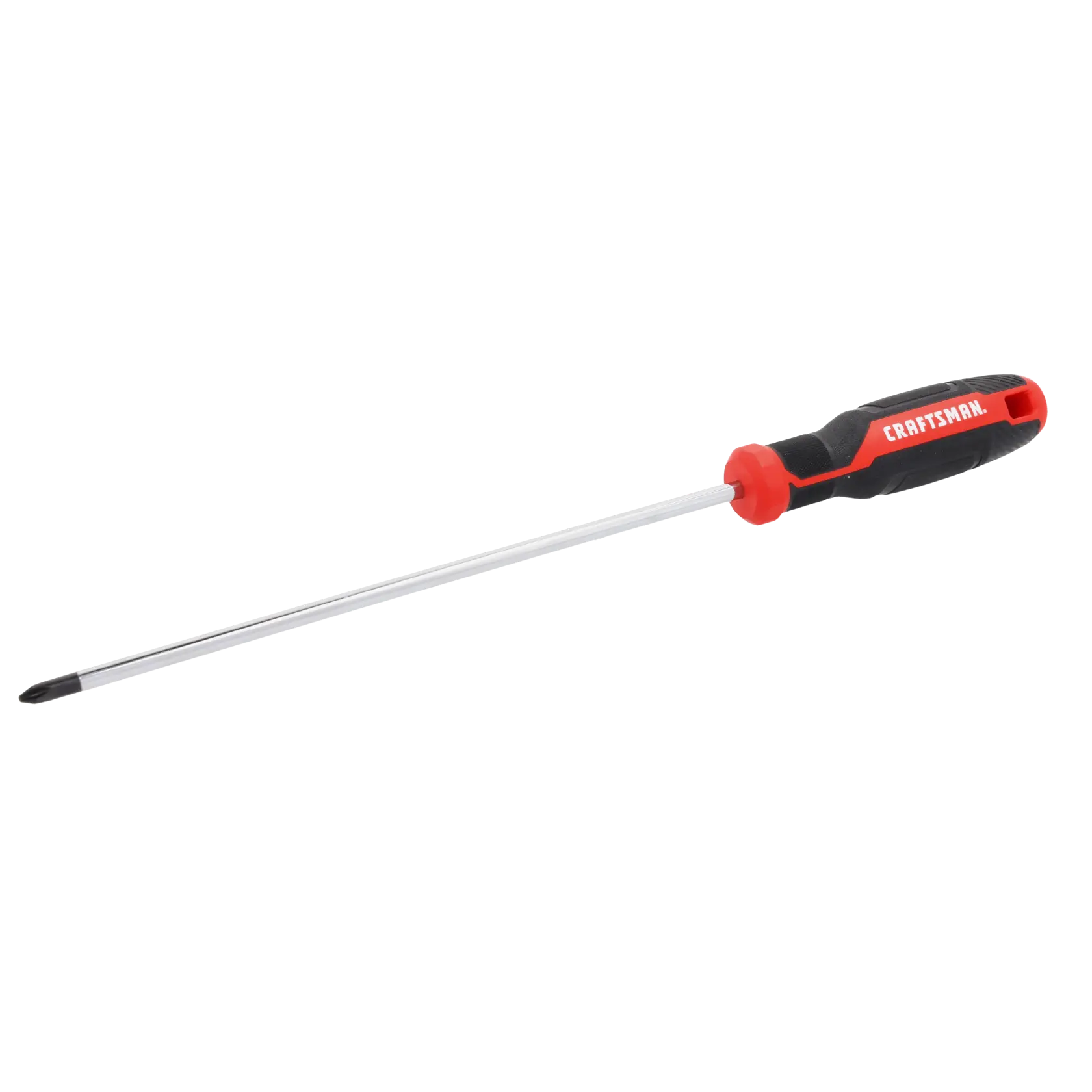 A long shaft Phillips head screwdriver with a black and red handle labeled 'Craftsman'.