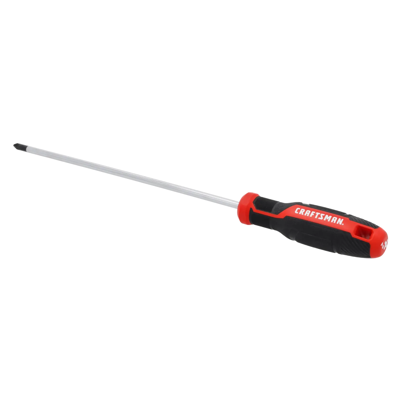 A long Phillips head screwdriver with a black and red handle labeled 'CRAFTSMAN.'