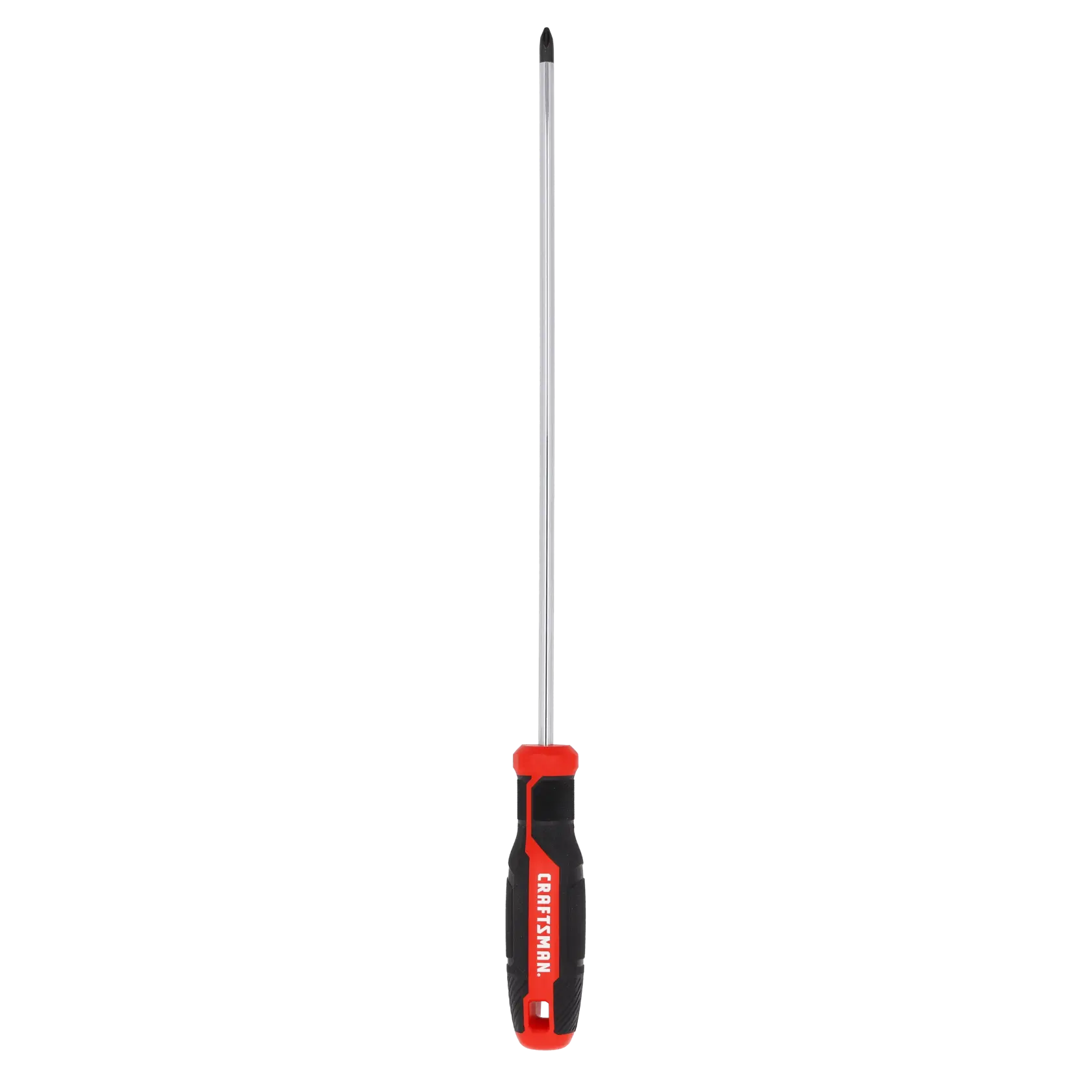 A long Phillips head screwdriver with a black and red handle, pictured upright on a white background.