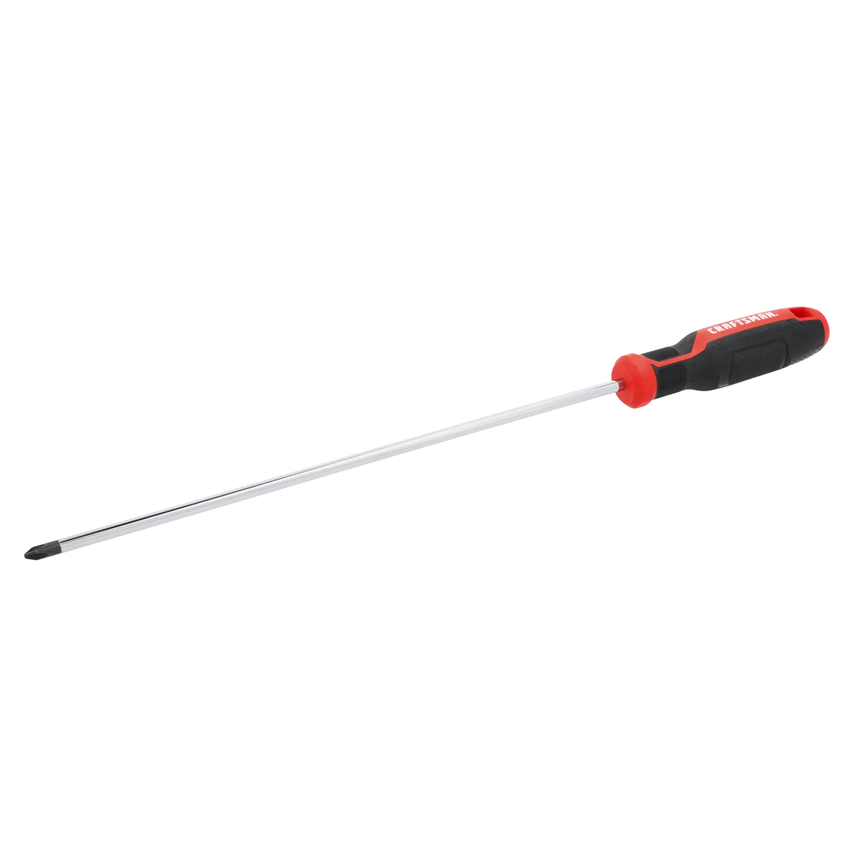 A long-handled Phillips head screwdriver with a black and red grip, shown against a white background.