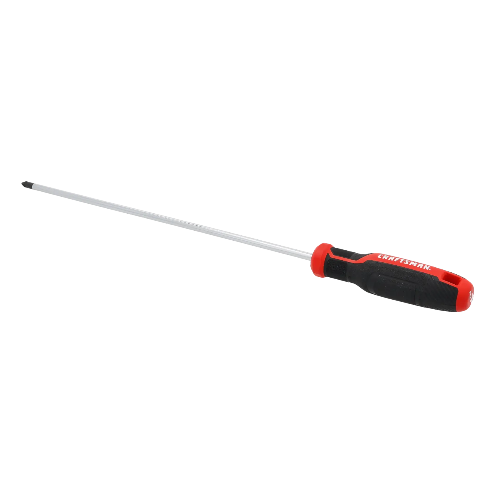 A long-handled Phillips head screwdriver with a red and black grip, shown against a white background.