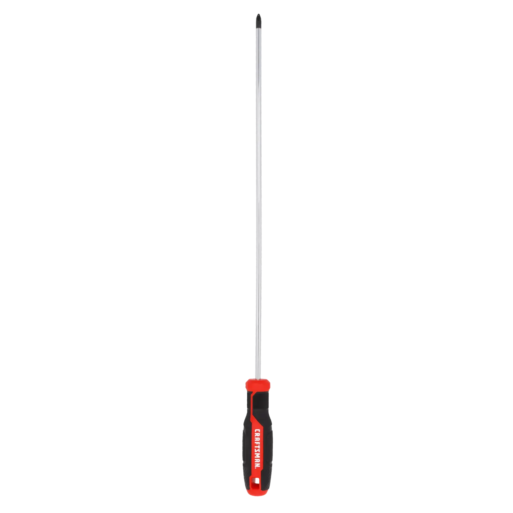 A long shaft Phillips head screwdriver with a black and red handle shown vertically on a white background.