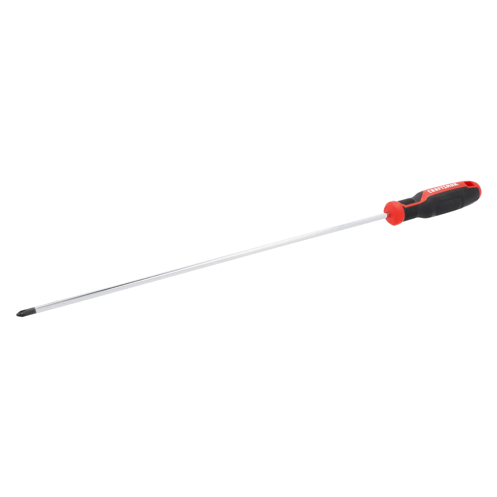 A long Phillips head screwdriver with a black and red handle and a chrome shaft, shown on a white background.