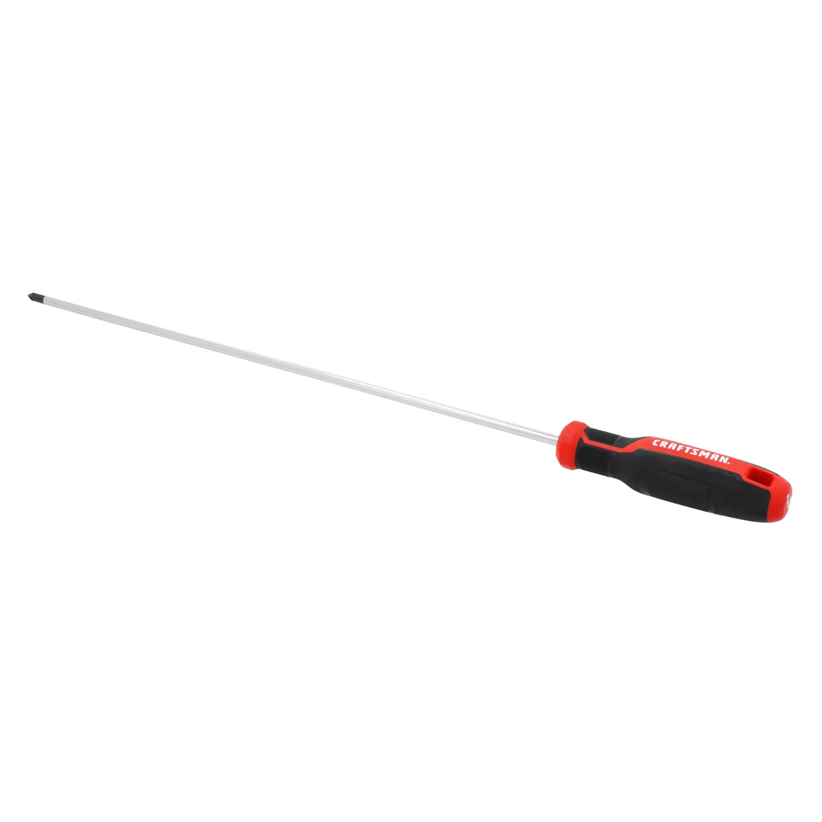A long shaft Phillips screwdriver with a black and red handle, photographed on a white background.