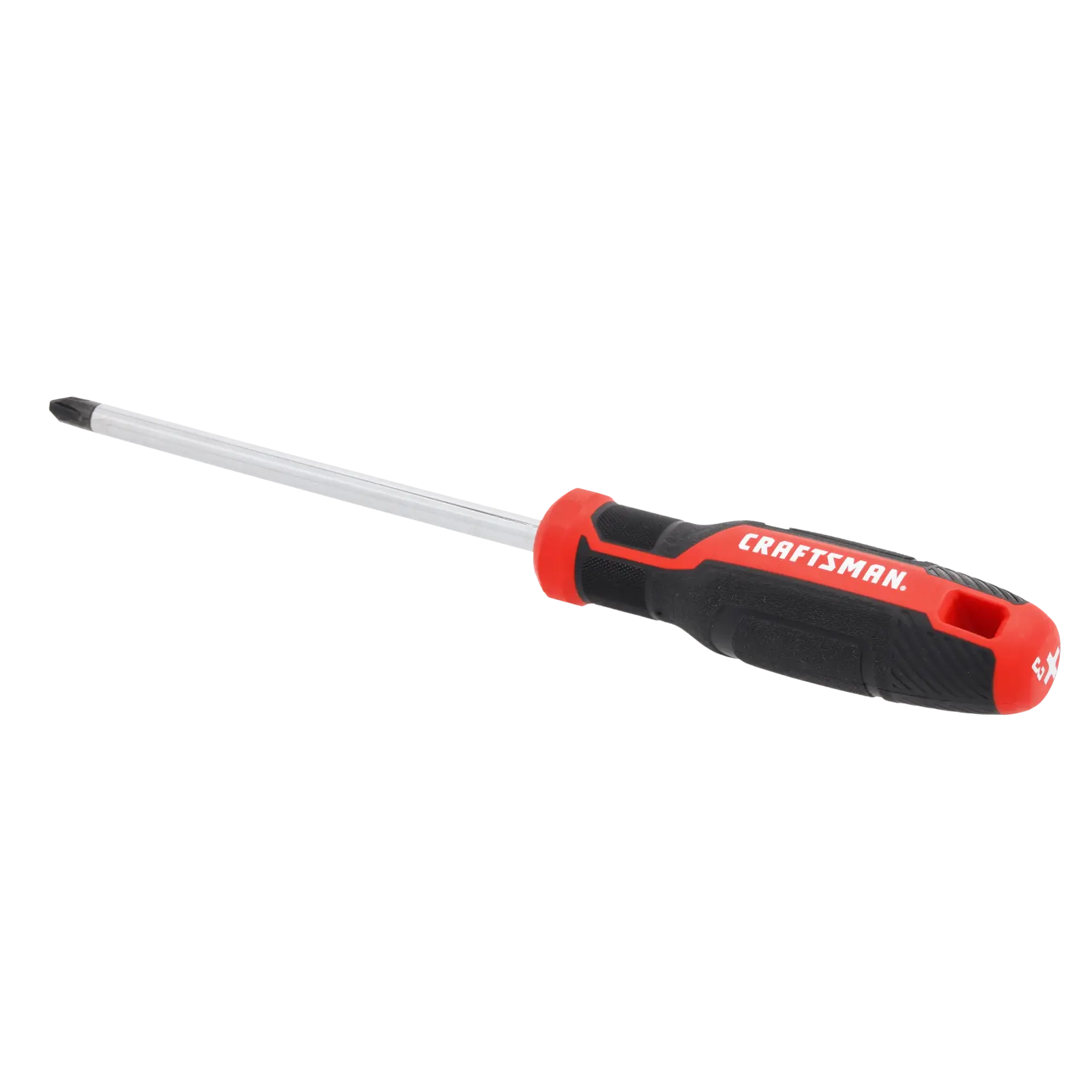 A Phillips head screwdriver with a black and red handle labeled 'Craftsman.' The shaft is metallic and the tip is designed for cross-head screws.
