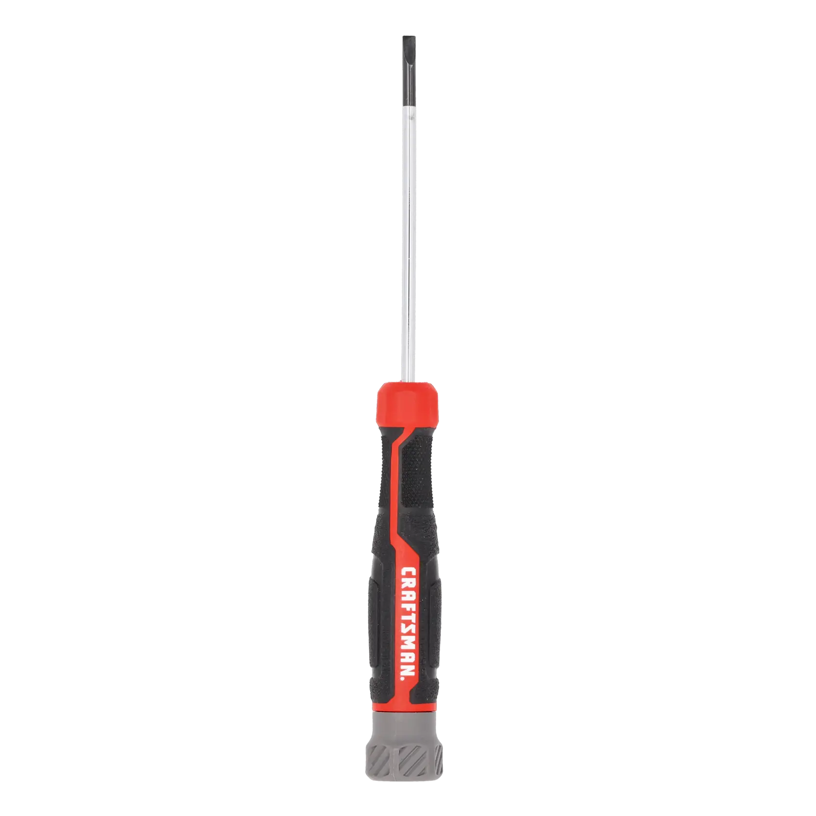 A flathead screwdriver with a black, red, and gray handle, branded with the word 'CRAFTSMAN', shown vertically on a white background.