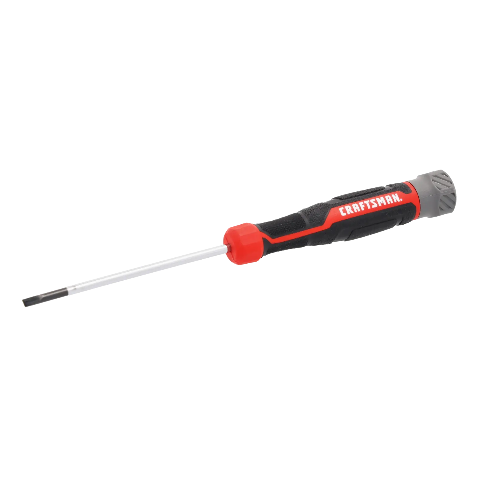 A flathead screwdriver with a black and red handle labeled 'CRAFTSMAN'.