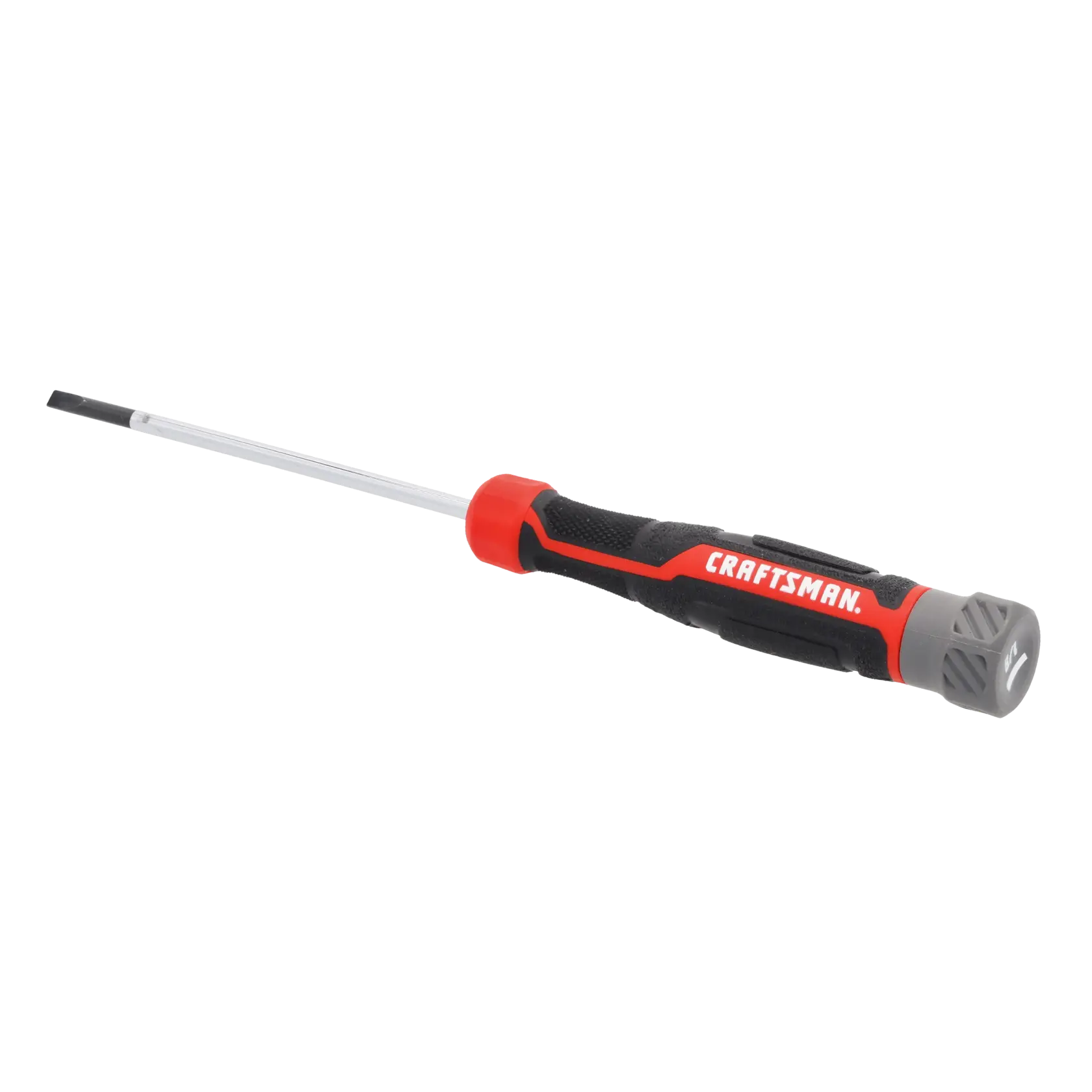 A flathead screwdriver with a black and red ergonomic handle featuring the word 'CRAFTSMAN' printed on it.