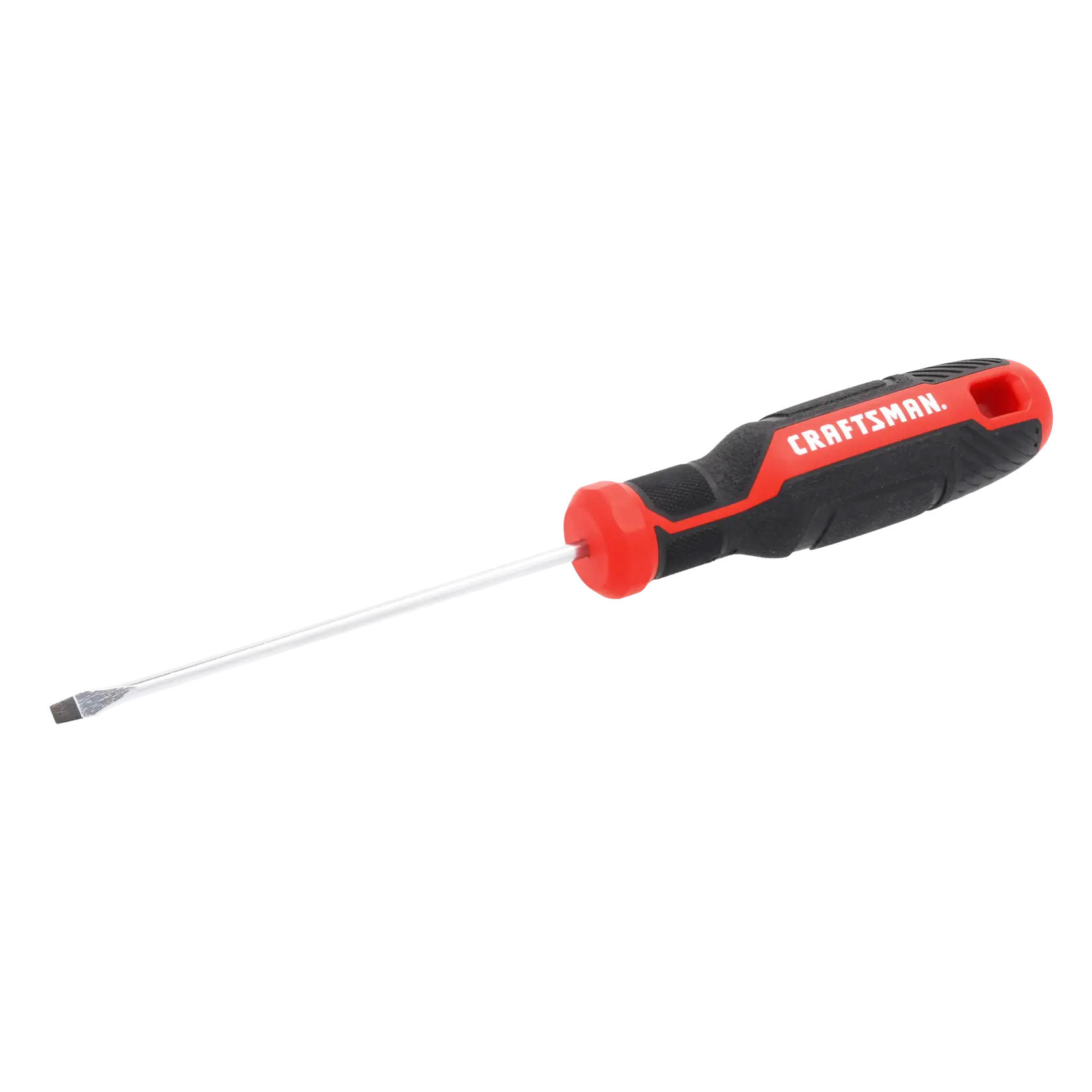 A flathead screwdriver with a black and red handle and the brand name 'CRAFTSMAN' written on the handle.