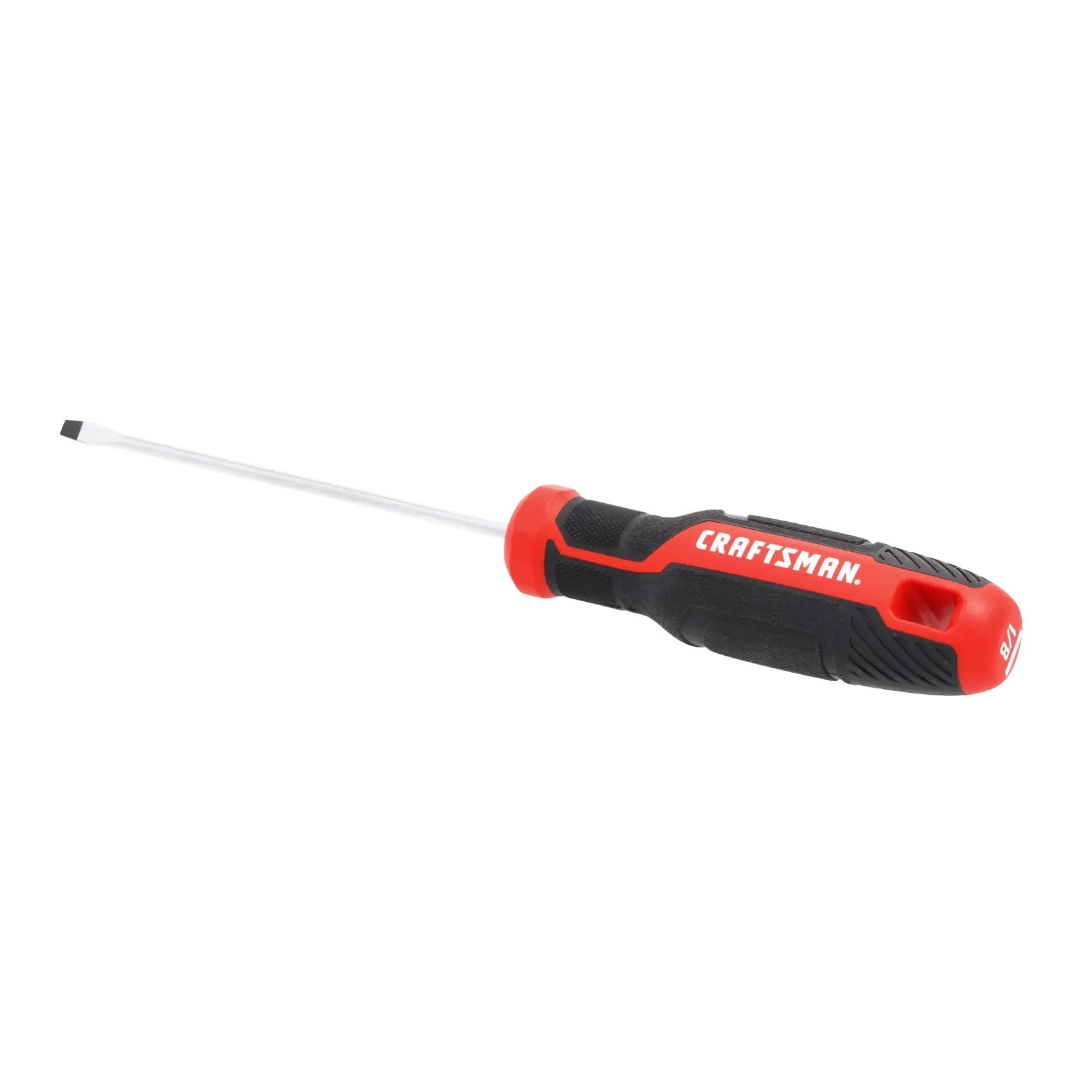 A flathead screwdriver with a black and red handle labeled 'CRAFTSMAN' and a metal shaft, shown on a white background.