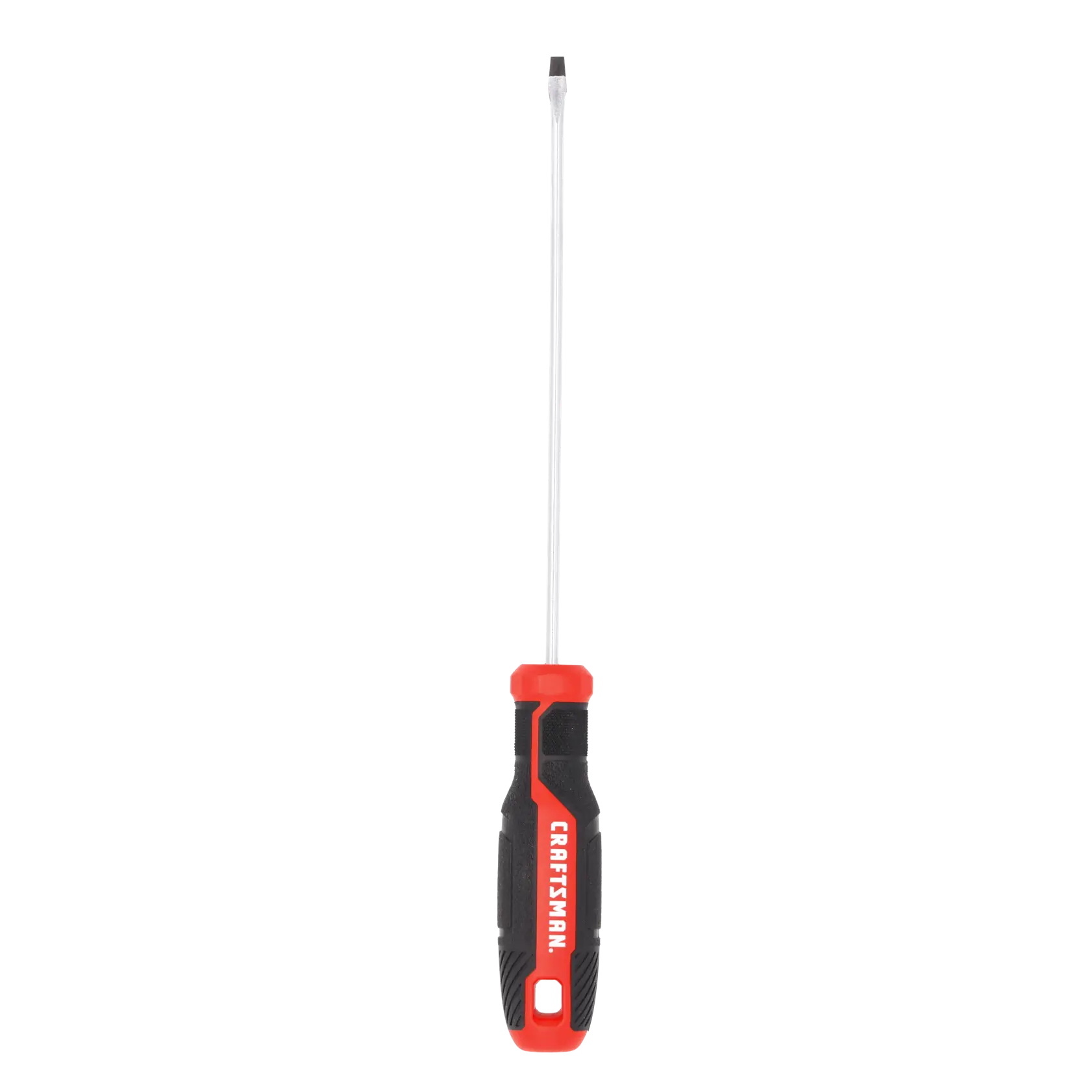 A flathead screwdriver with a long metal shaft and a black and red handle. The handle has the brand name 'CRAFTSMAN' printed on it.