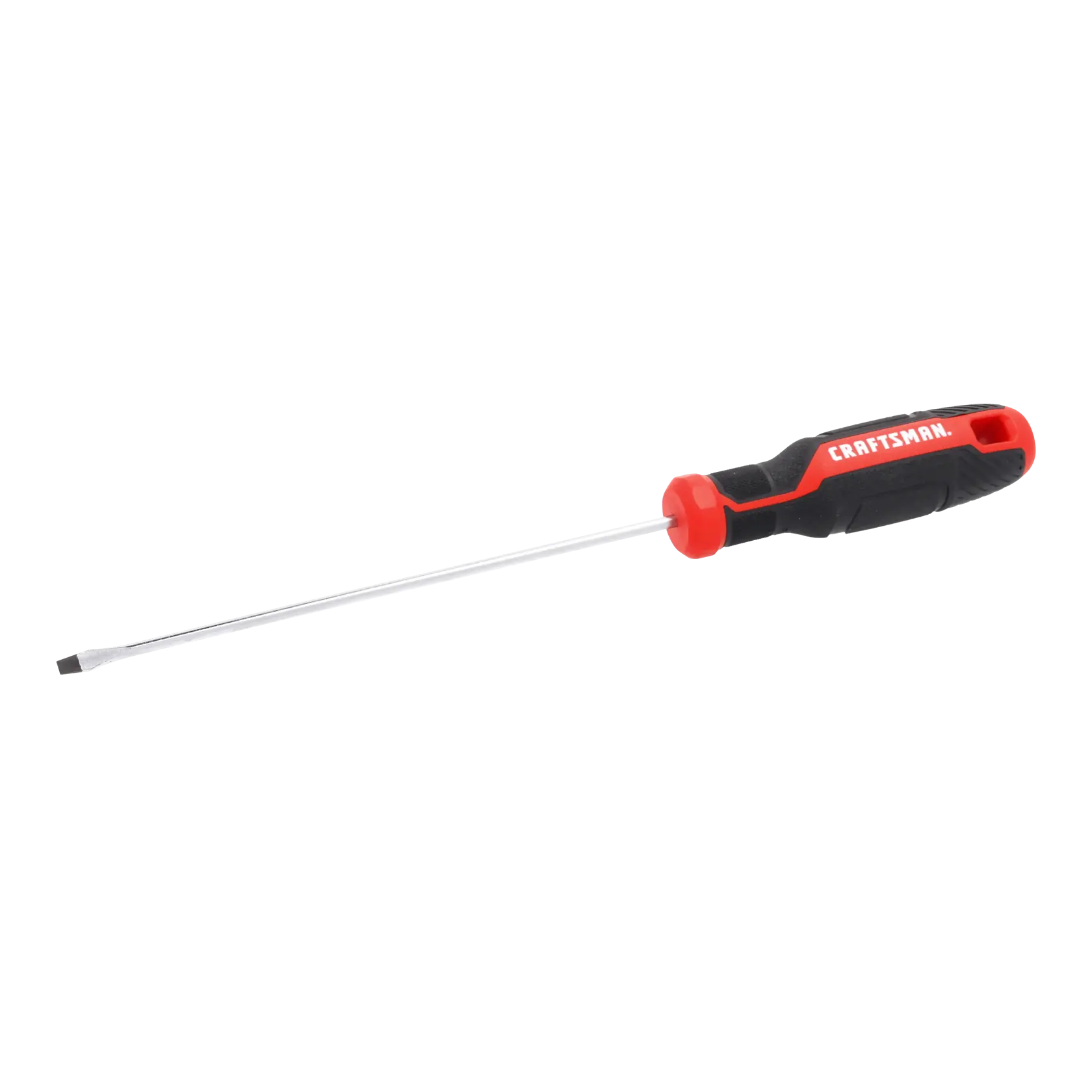 A flathead screwdriver with a long metal shaft and a black and red handle displaying the brand name.