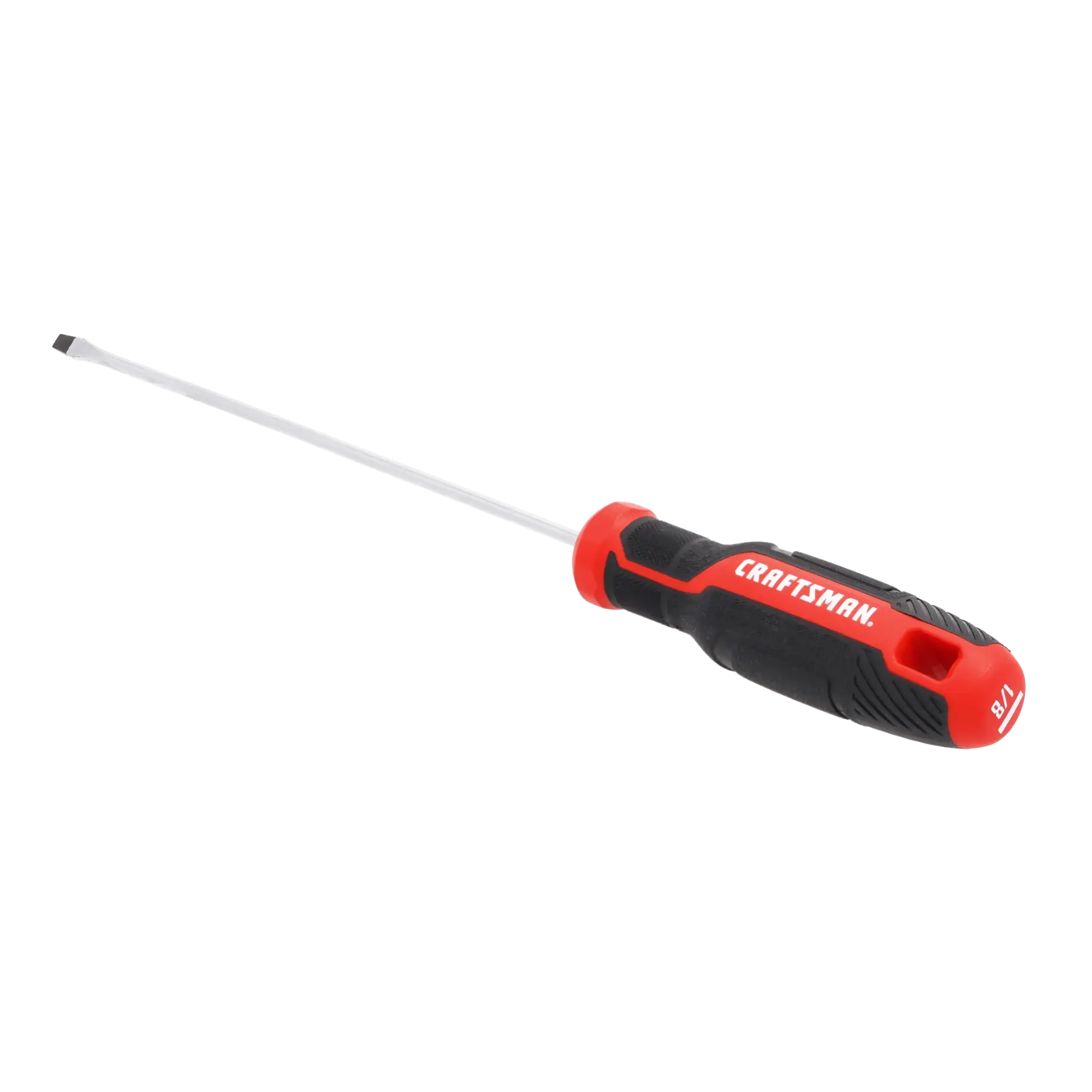 A flathead screwdriver with a black and red handle, branded with the word 'Craftsman.' The screwdriver has a long metal shaft and a flat tip.