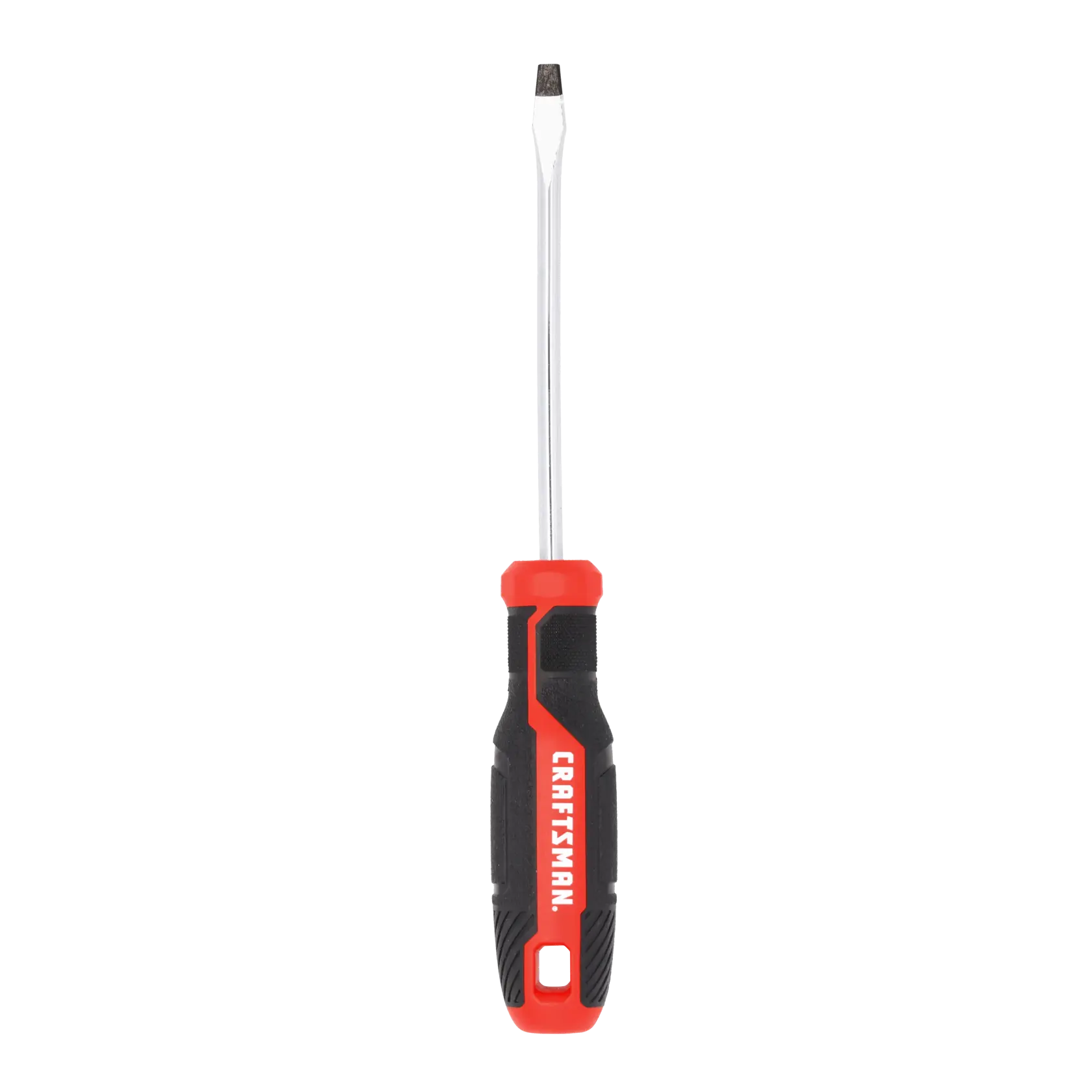 A flat-head screwdriver with a red and black handle, featuring the word 'CRAFTSMAN' on the handle.