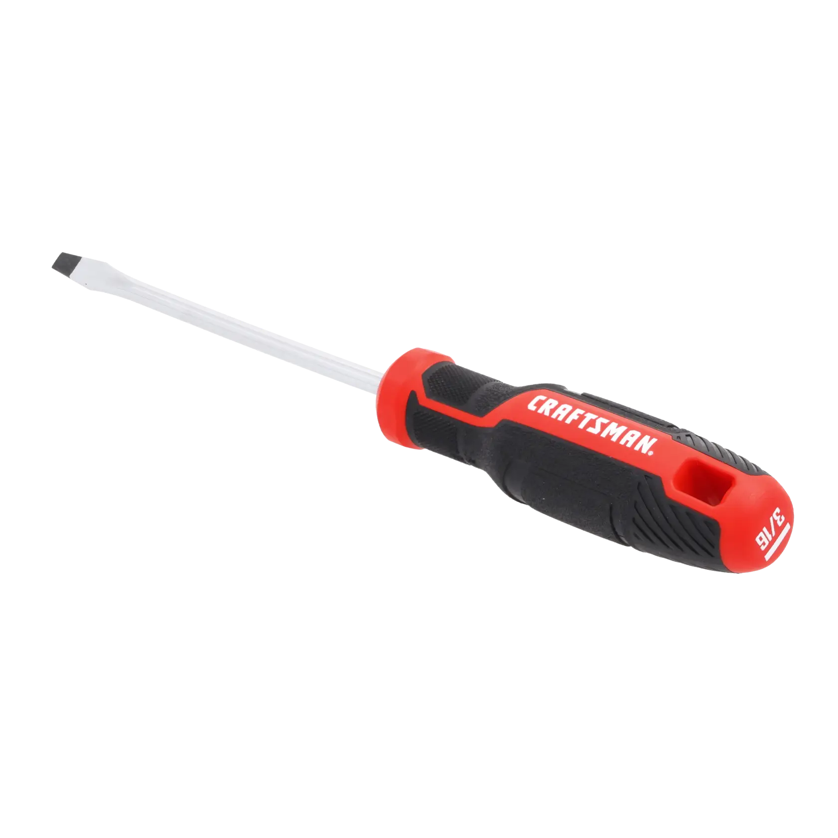 A flat-head screwdriver with a black and red ergonomic handle labeled with the brand name Craftsman.