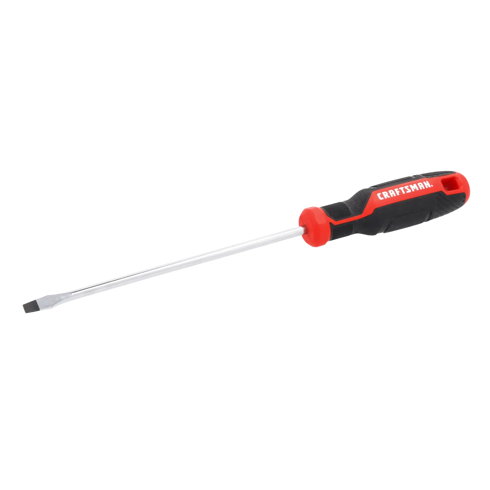 A flathead screwdriver with a black and red handle and a silver shaft, shown against a white background.