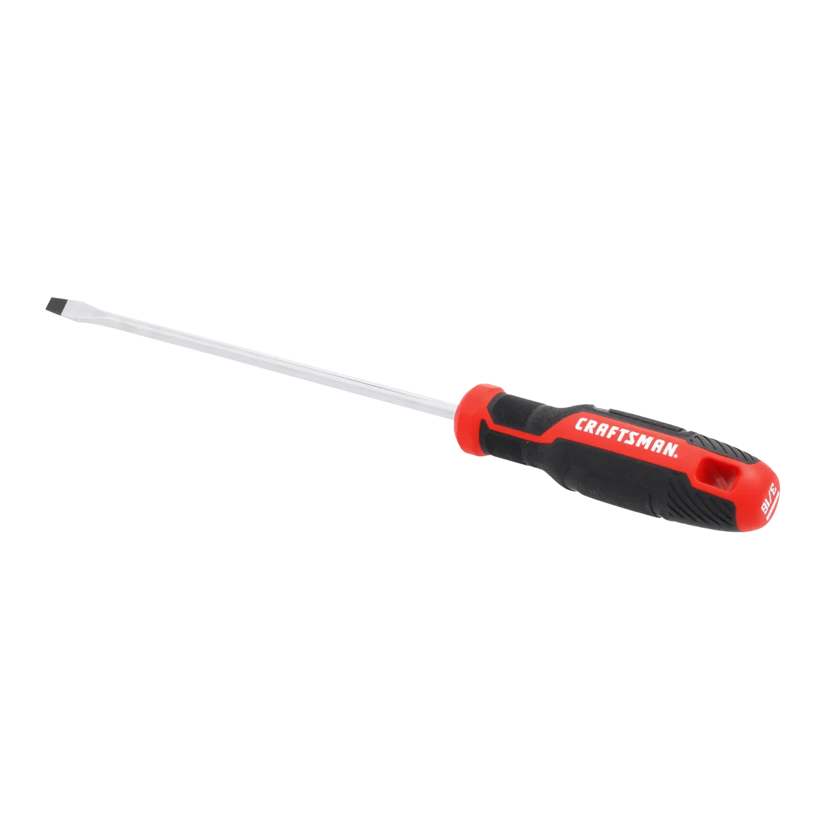 A flathead screwdriver with a black and red handle labeled 'Craftsman'.
