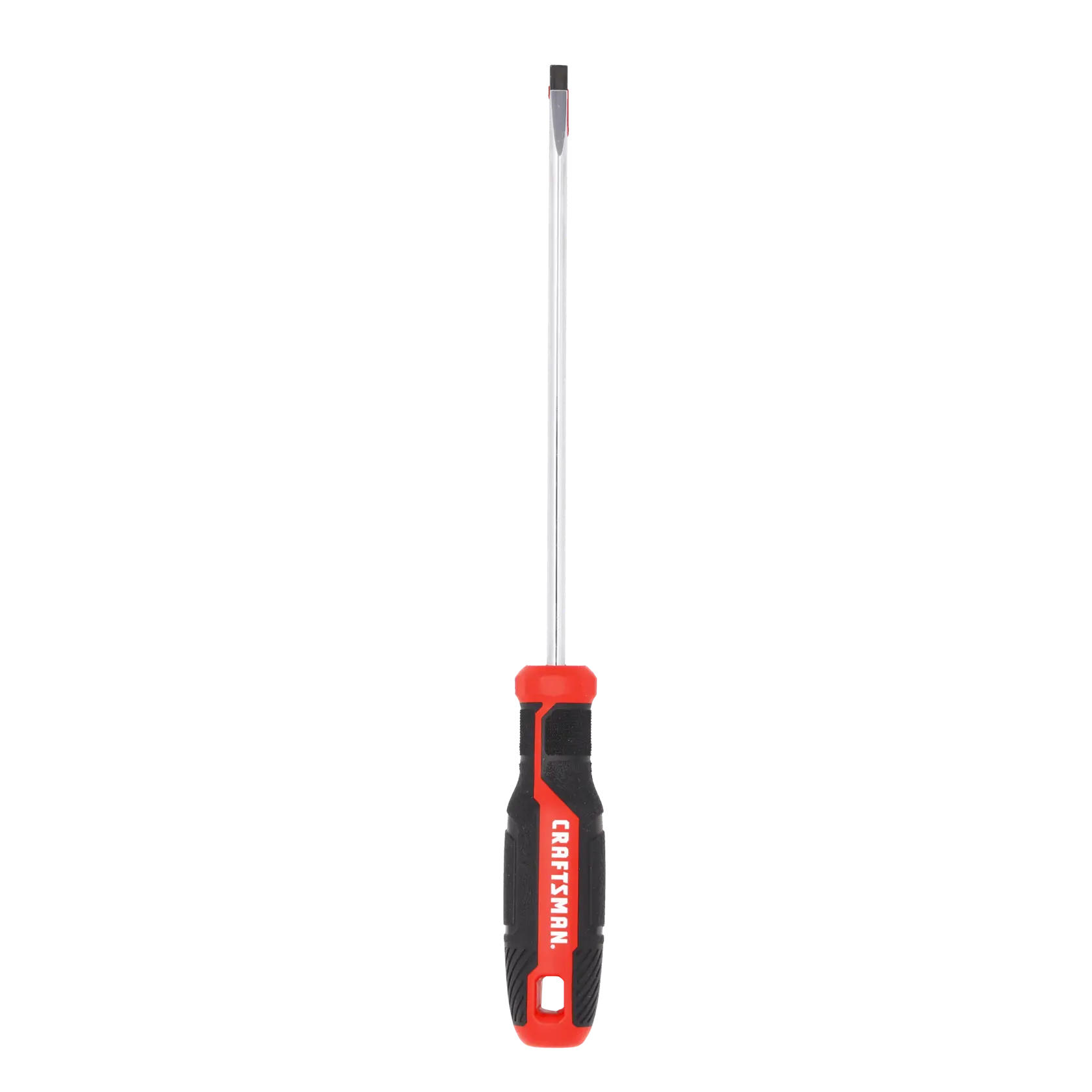 A flathead screwdriver with a black and red handle, featuring the brand name 'CRAFTSMAN' printed on the grip. The screwdriver is displayed vertically against a white background.