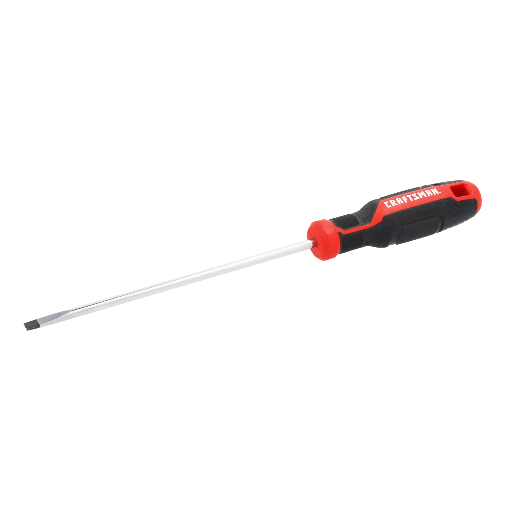 A flathead screwdriver with a black and red handle, displaying the brand name Craftsman.