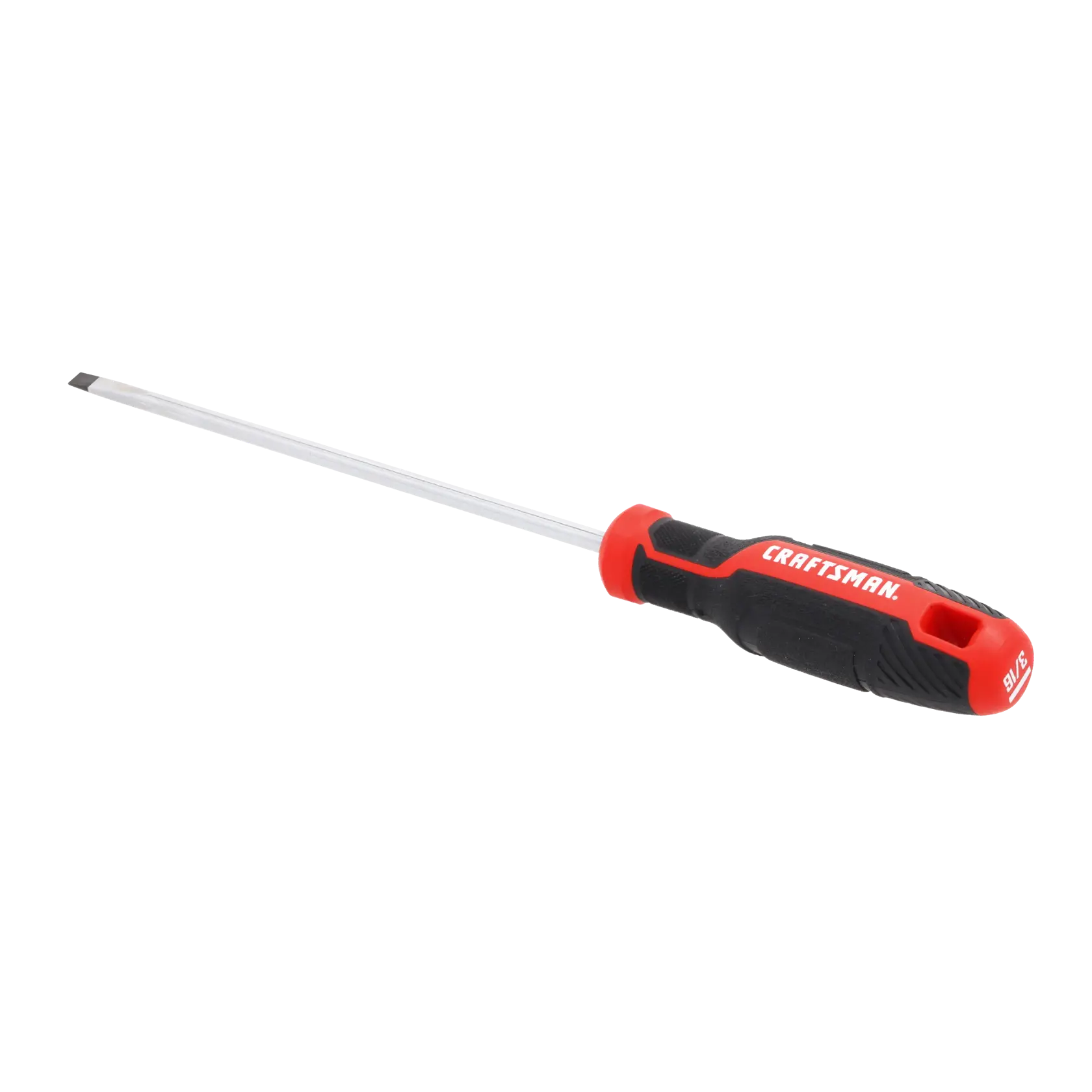 A flathead screwdriver with a black and red handle and metal shaft, labeled Craftsman.