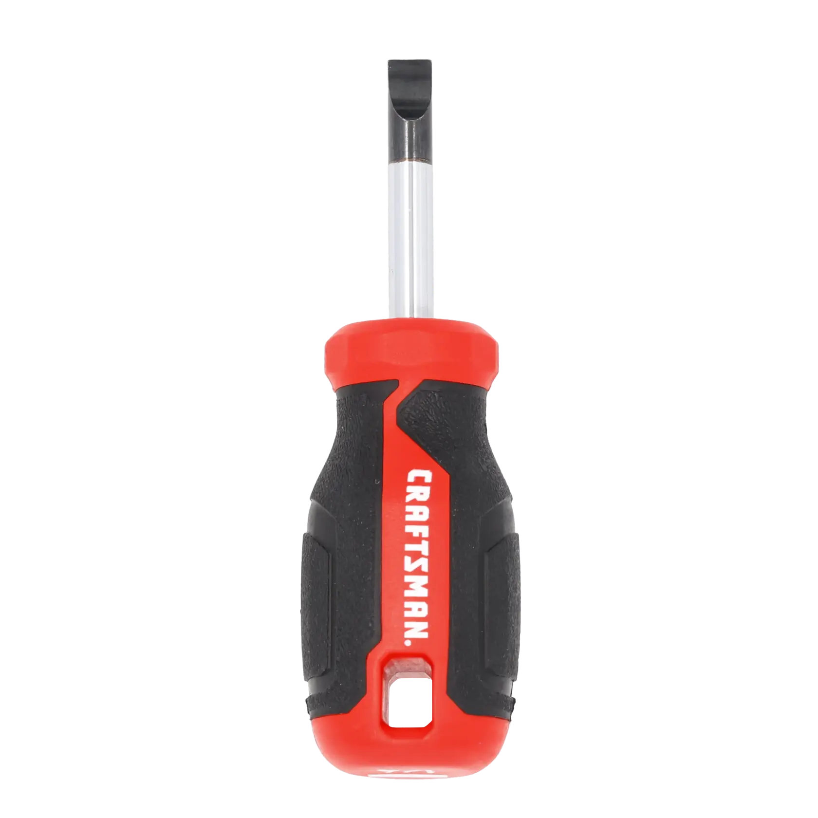 A flathead screwdriver with a black and red textured handle labeled 'CRAFTSMAN', shown upright against a white background.