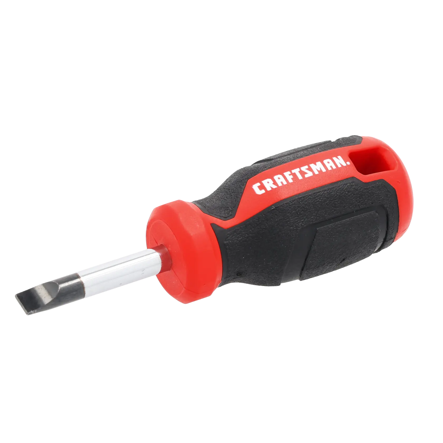 A stubby flathead screwdriver with a black and red handle, labeled with the brand name 'CRAFTSMAN'.