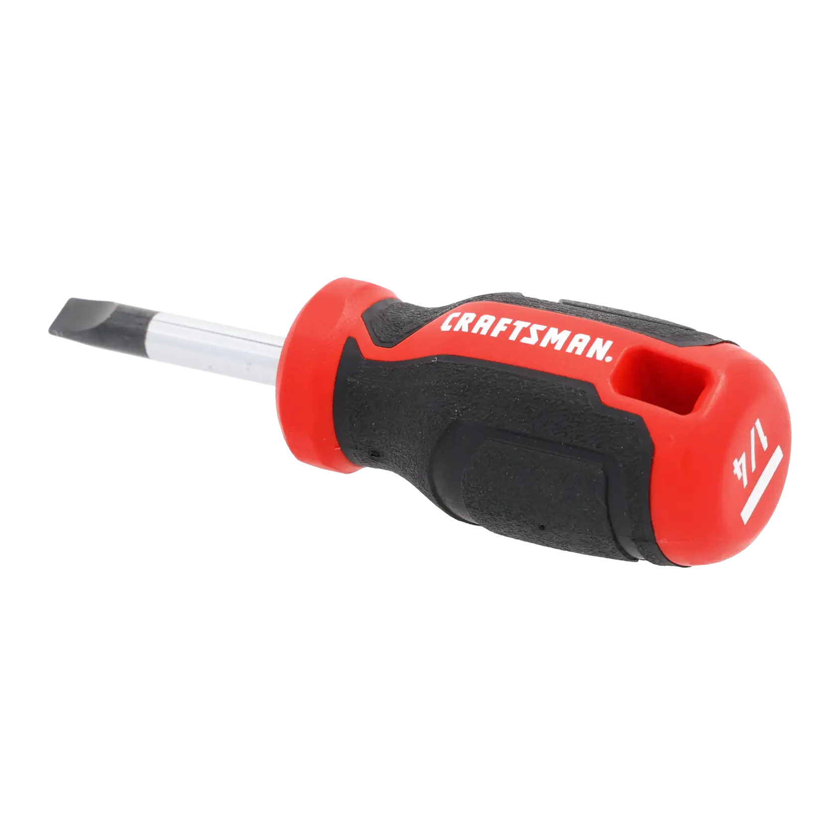 A stubby flathead screwdriver with a black and red handle labeled with 'Craftsman' and '1/4'.