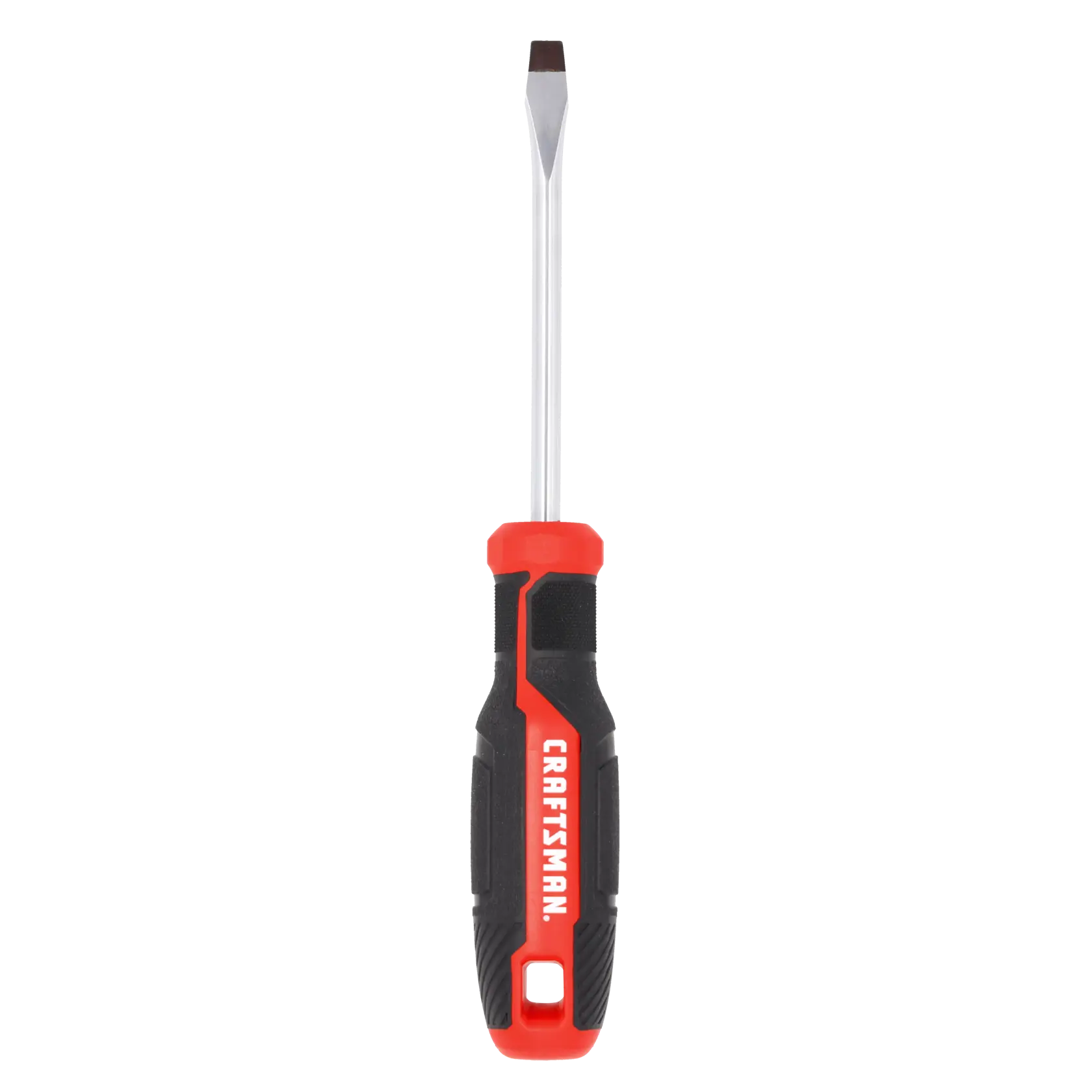 A flathead screwdriver with a black and red handle, labeled with the word 'CRAFTSMAN', shown against a white background.