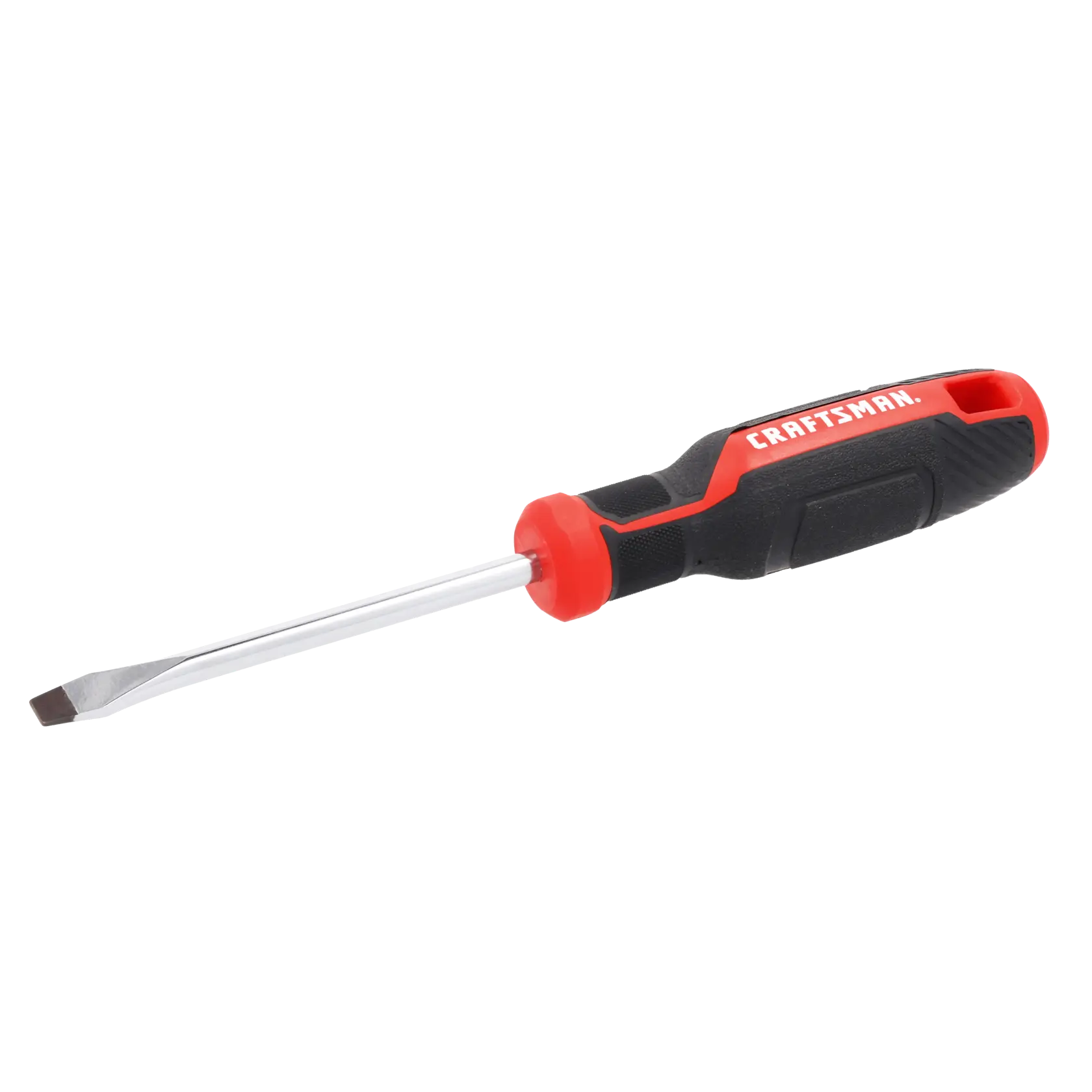 A flathead screwdriver with a black and red handle labeled 'CRAFTSMAN'.