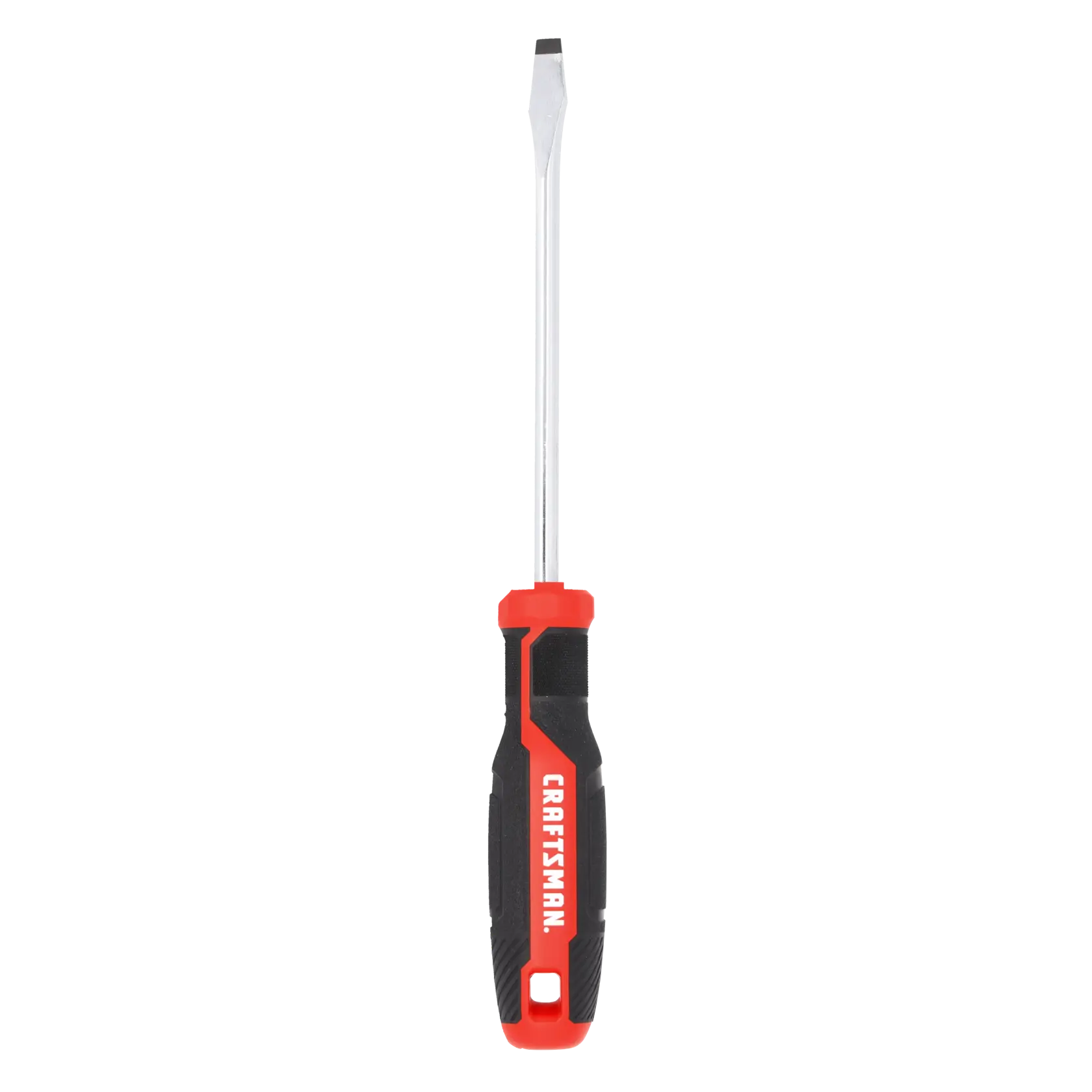 A flathead screwdriver with a black and red handle and the word 'CRAFTSMAN' printed on it.