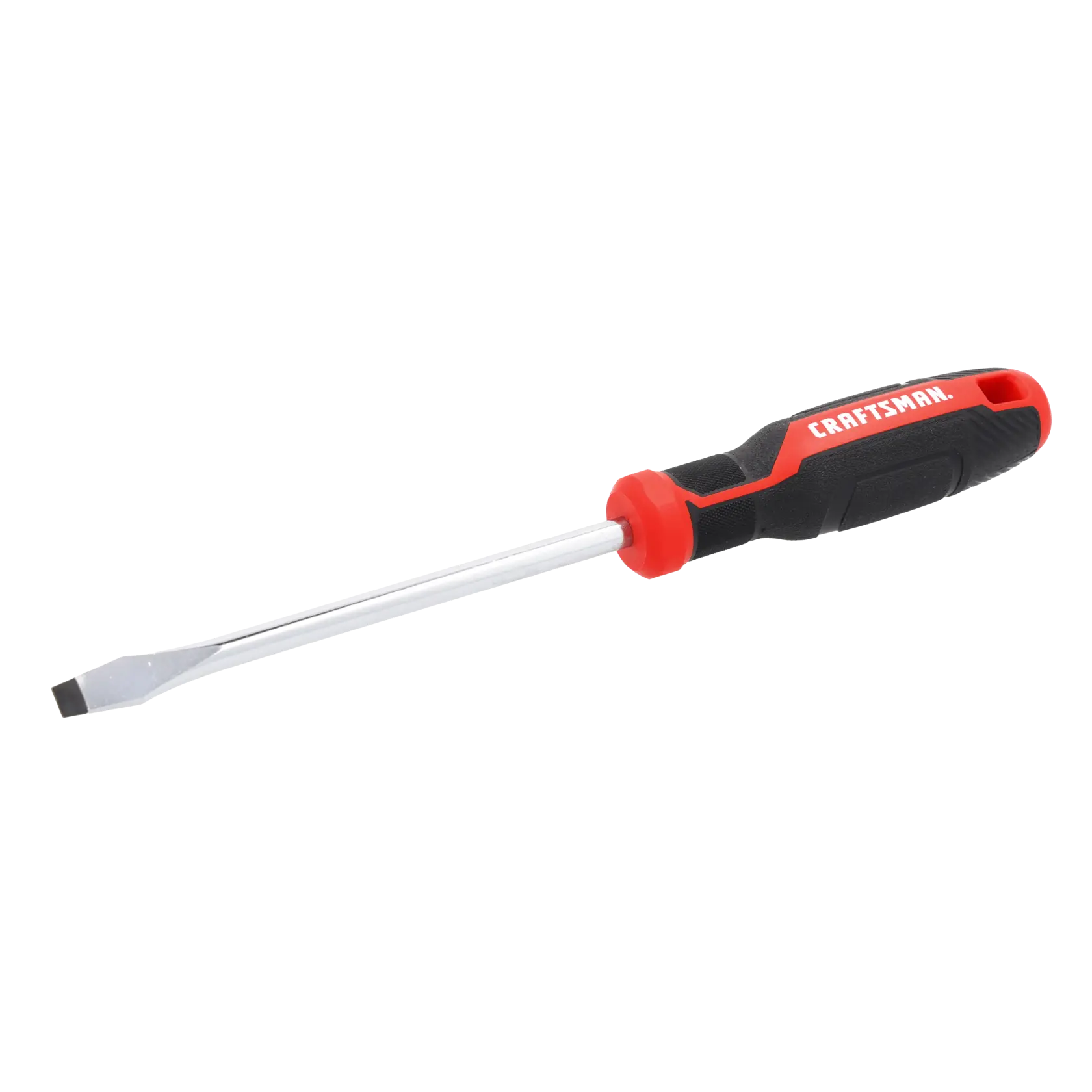 A flathead screwdriver with a black and red handle and a metal shaft, designed for use with slotted screws.