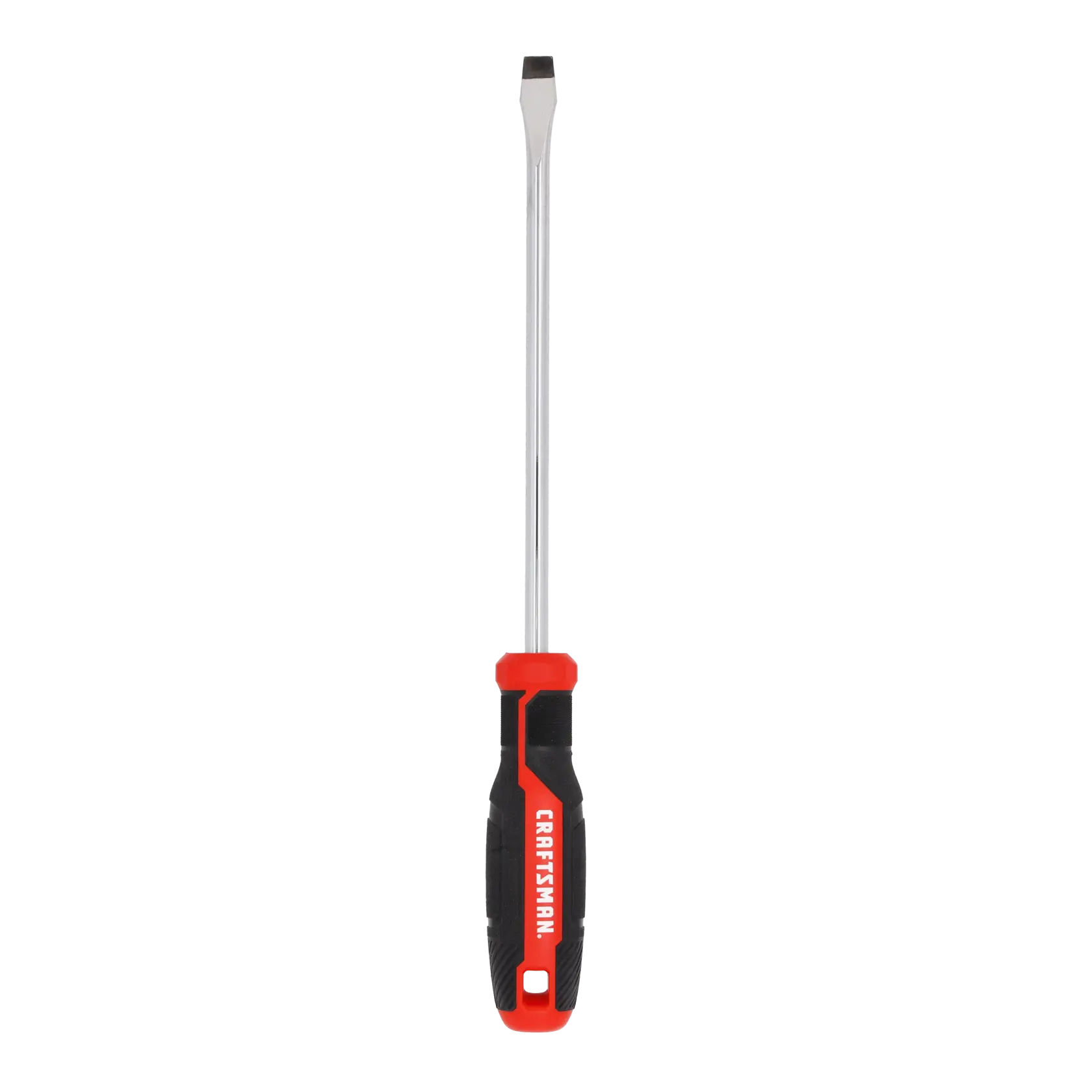 A flathead screwdriver with a red and black handle labeled 'CRAFTSMAN'. The tool has a long metal shaft and a flat tip, designed for turning slotted screws.