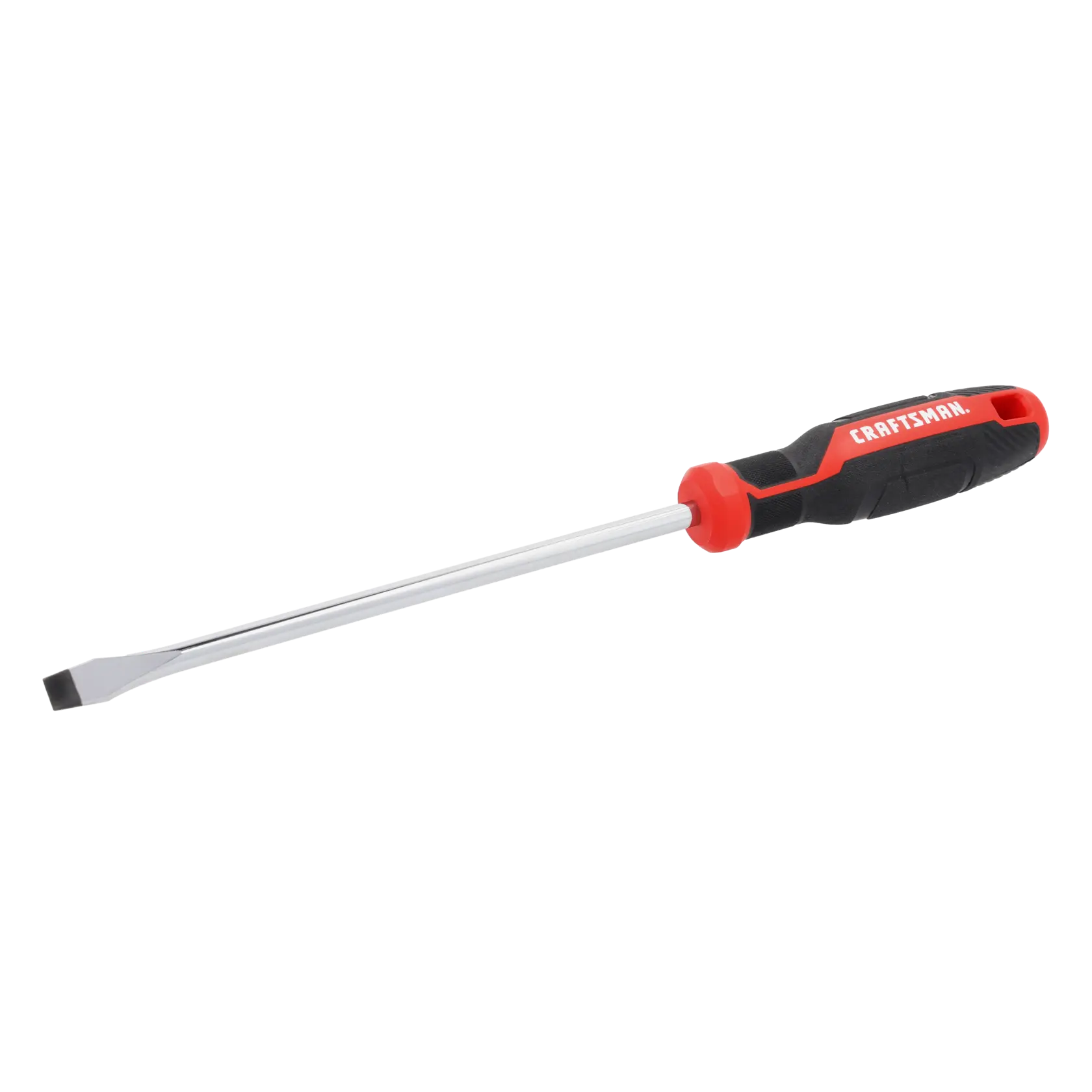 A flathead screwdriver with a long metal shaft and a black and red handle displaying the brand name. The tool is photographed against a white background.