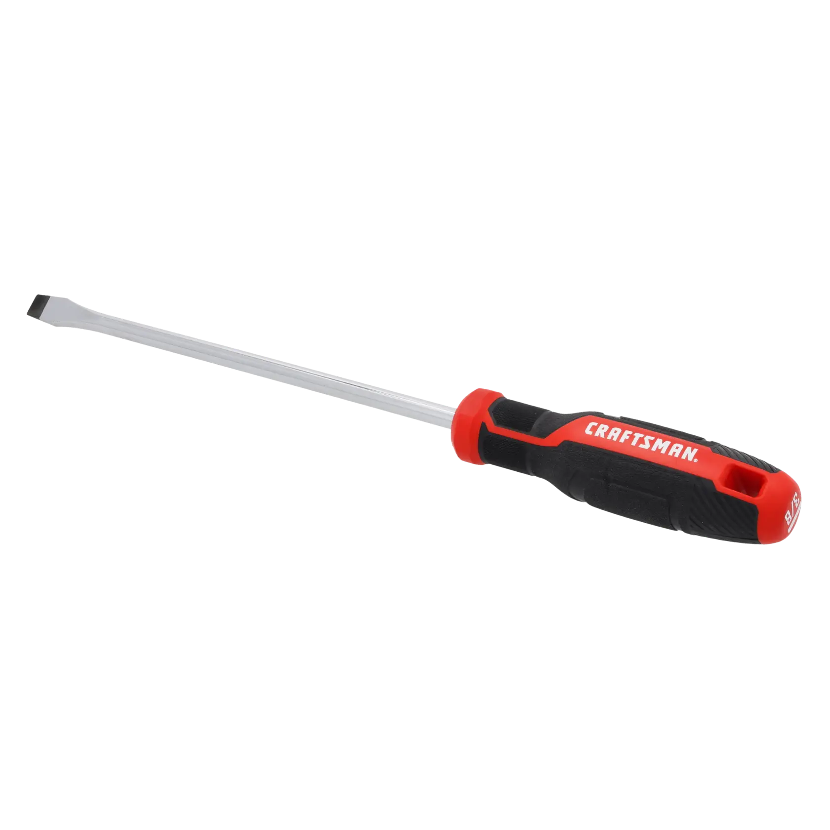 A flat head screwdriver with a black and red handle and the brand name 'CRAFTSMAN' printed on the side.