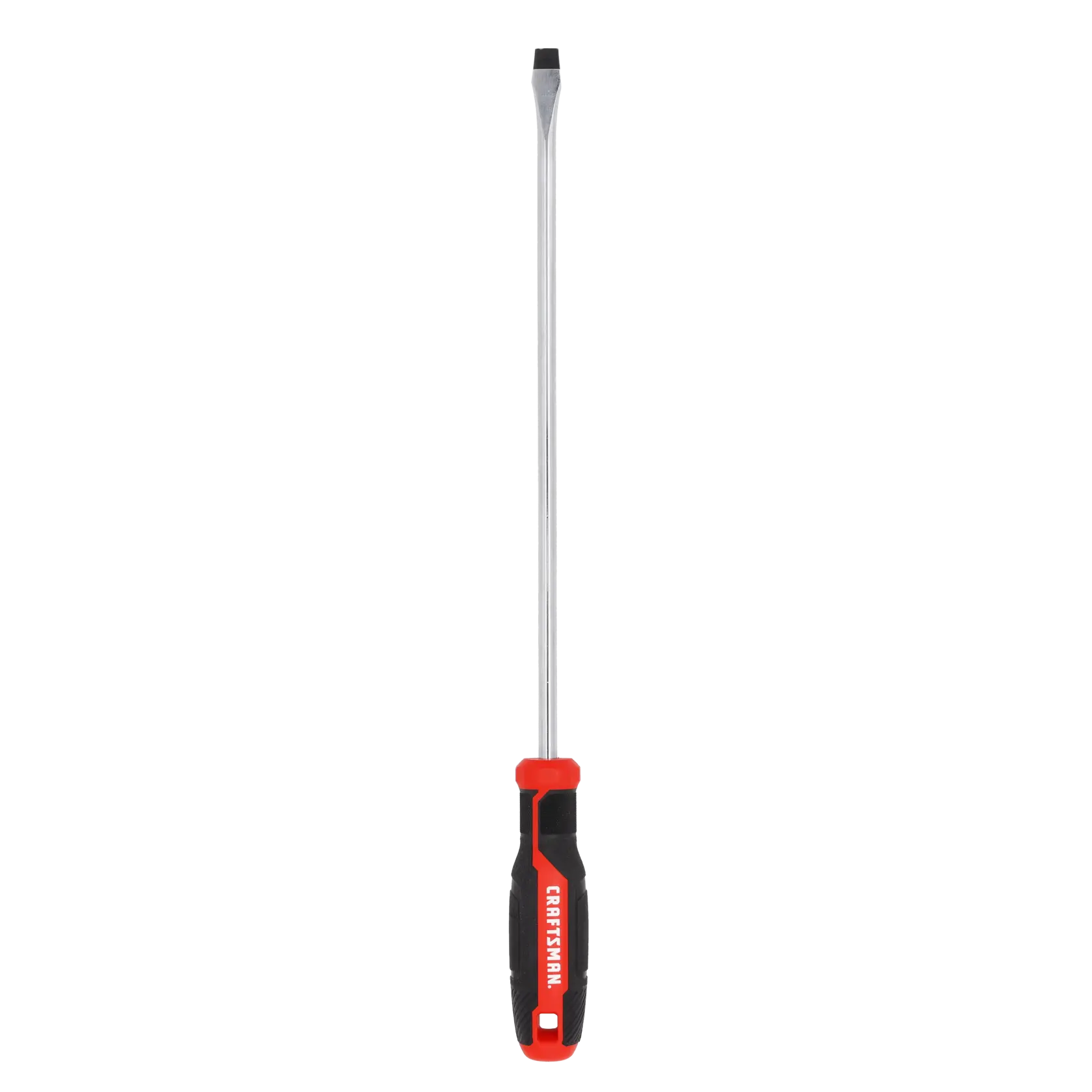 A long flathead screwdriver with a black and red handle, shown on a white background.