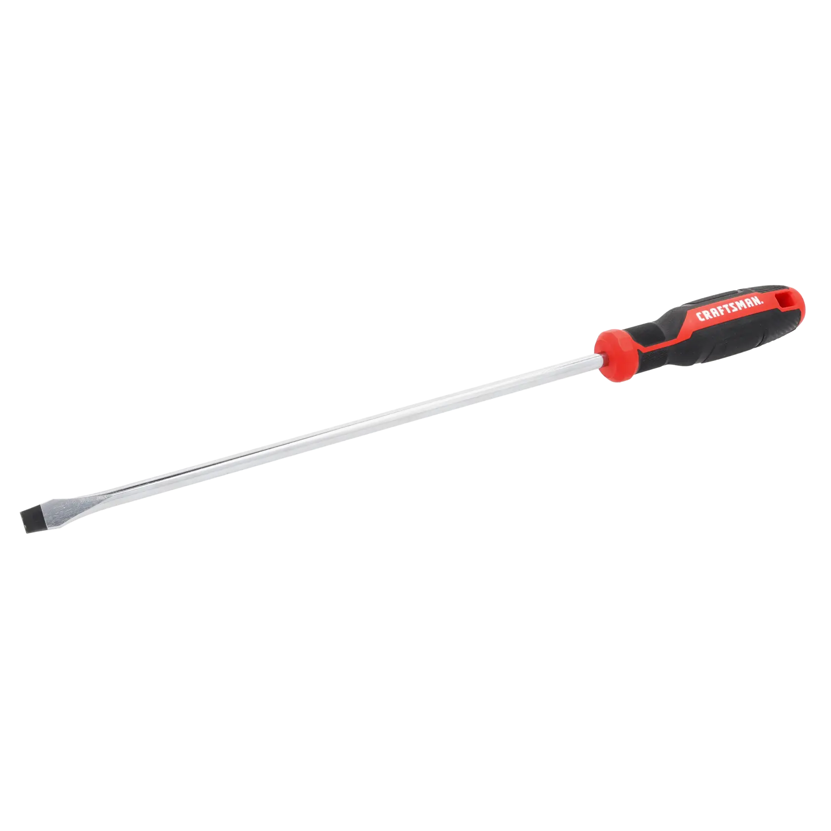 A long flathead screwdriver with a black and red handle and a silver shaft, isolated on a white background.