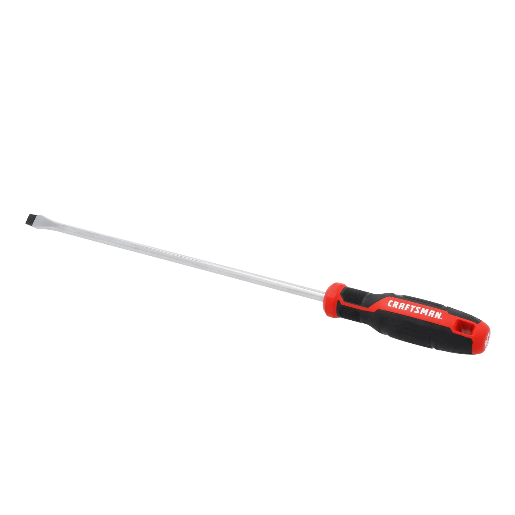A long flathead screwdriver with a black and red handle, featuring the CRAFTSMAN logo.