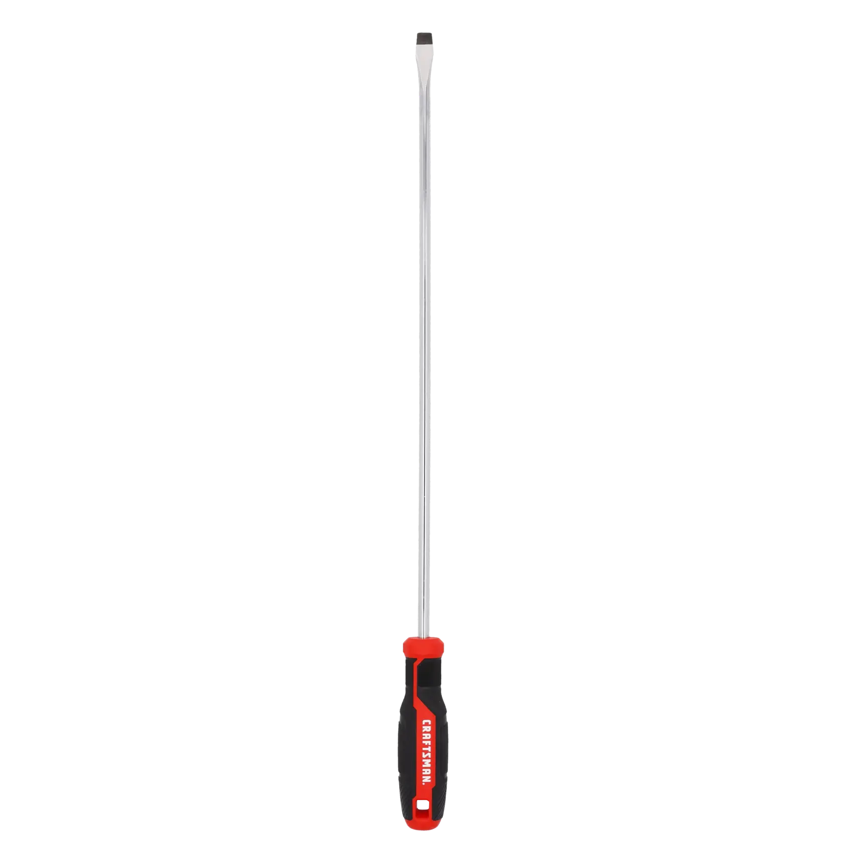 A long flathead screwdriver with a red and black handle, shown vertically against a white background.