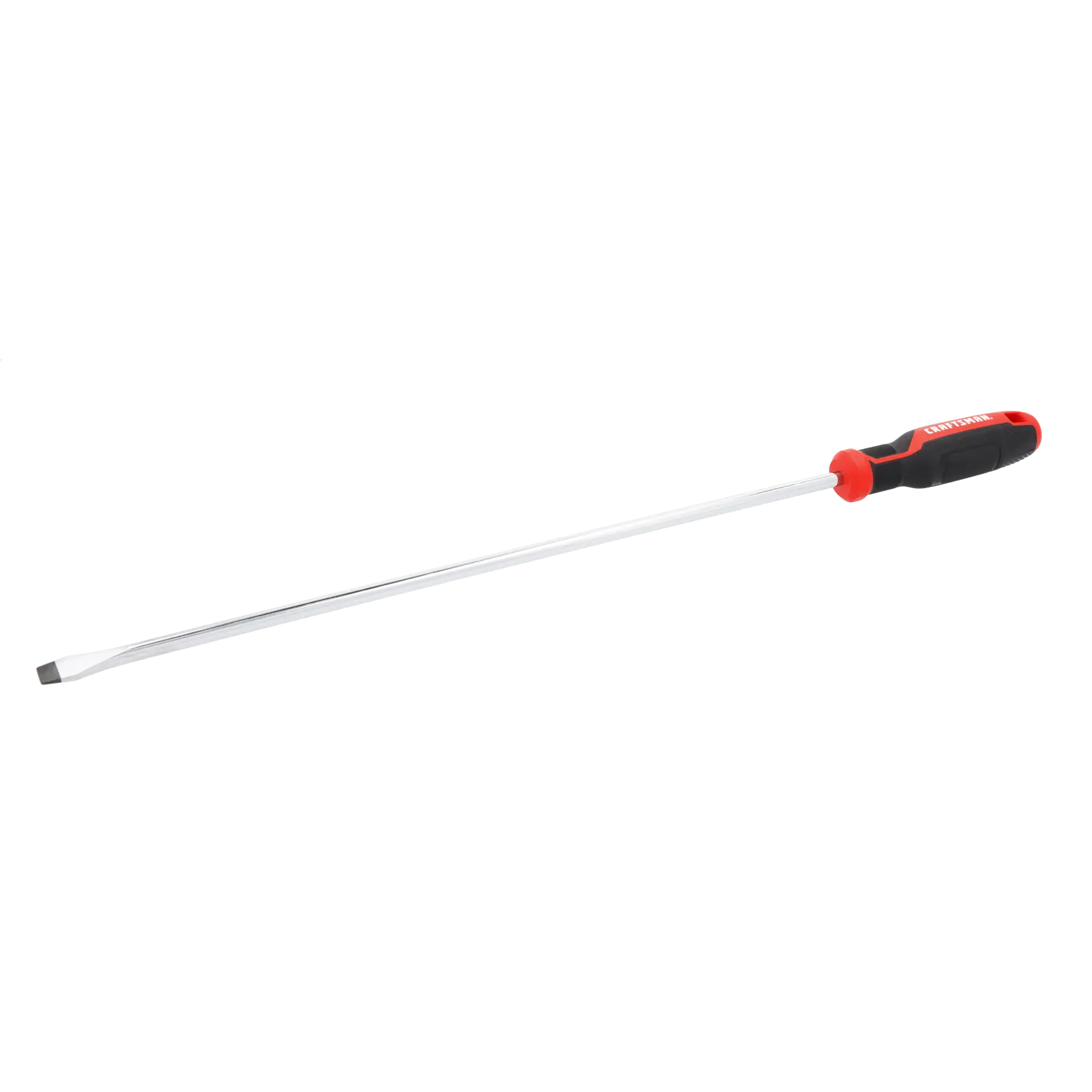 A long flathead screwdriver with a black and red handle, isolated on a white background.